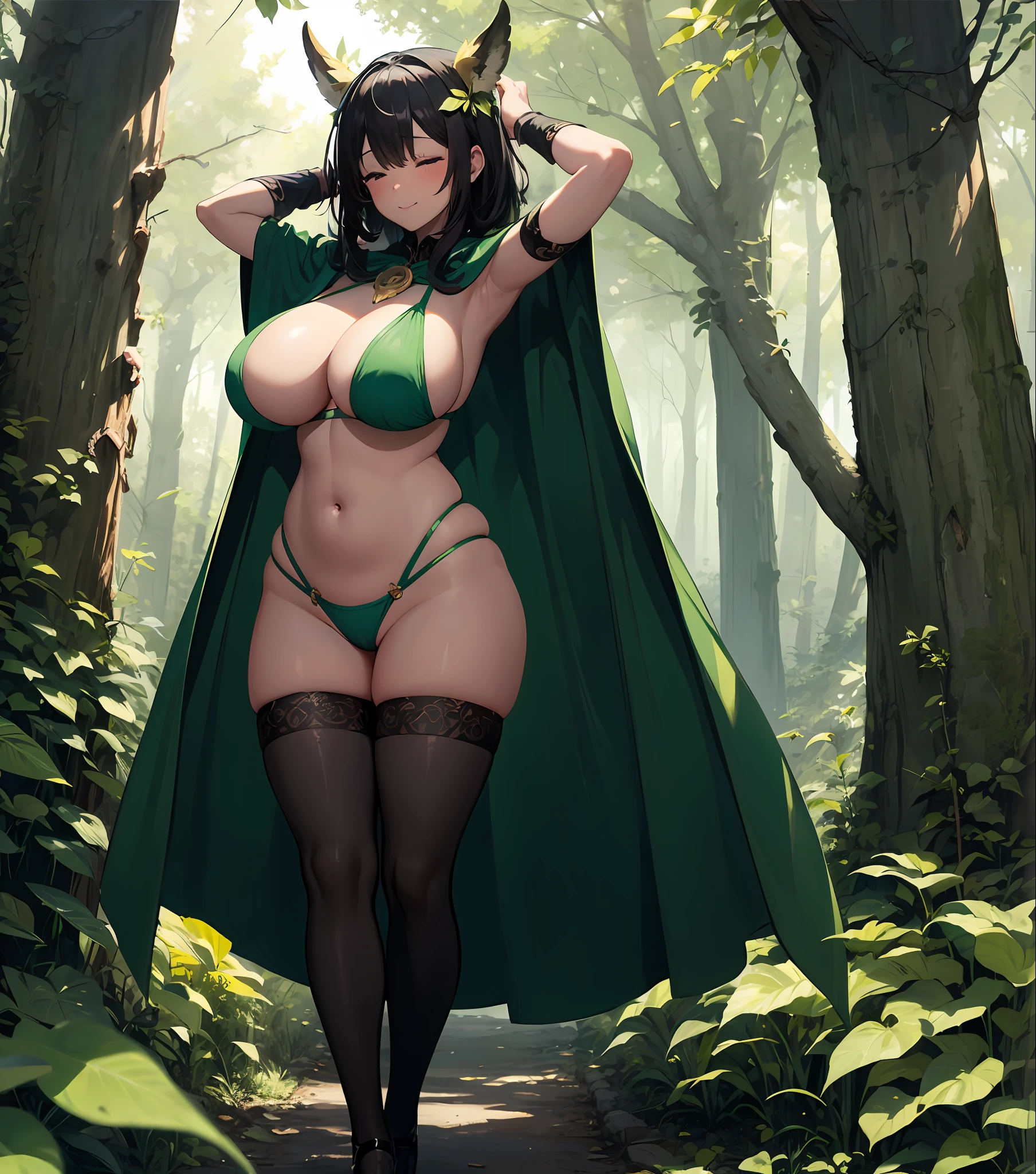 fantasy, 1forest_elemental_girl, (dark_skin)0.9, (using_leaves_clothes, green_leaves_covered_breasts, leaves_covered_pussy)+++,(gigantic_heavy_tits:1.1), walking, (smile, sleepy)+, medium_hair, navel,(plump:0.9), oil, (winding_vine_around_torso)++, forest_background, leaves_headgear, green_leaves_cape, spread_arms, large_staff, leaves_thighhighs, big_ass,