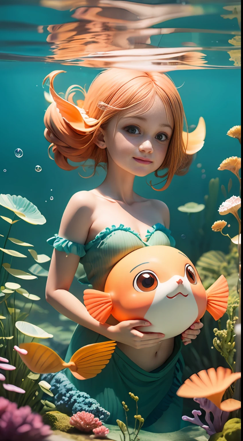 Mermaids playing at the bottom of the sea，Orange head color，roundly eyes，，ssmile，Young，airbubble，A plant，A little coral，simplebackground，Gradient color，Translucent，k hd，Fine quality，optimum,UHD, super detail, masterpiece, ccurate, high details, high quality, highres, HD, 8k