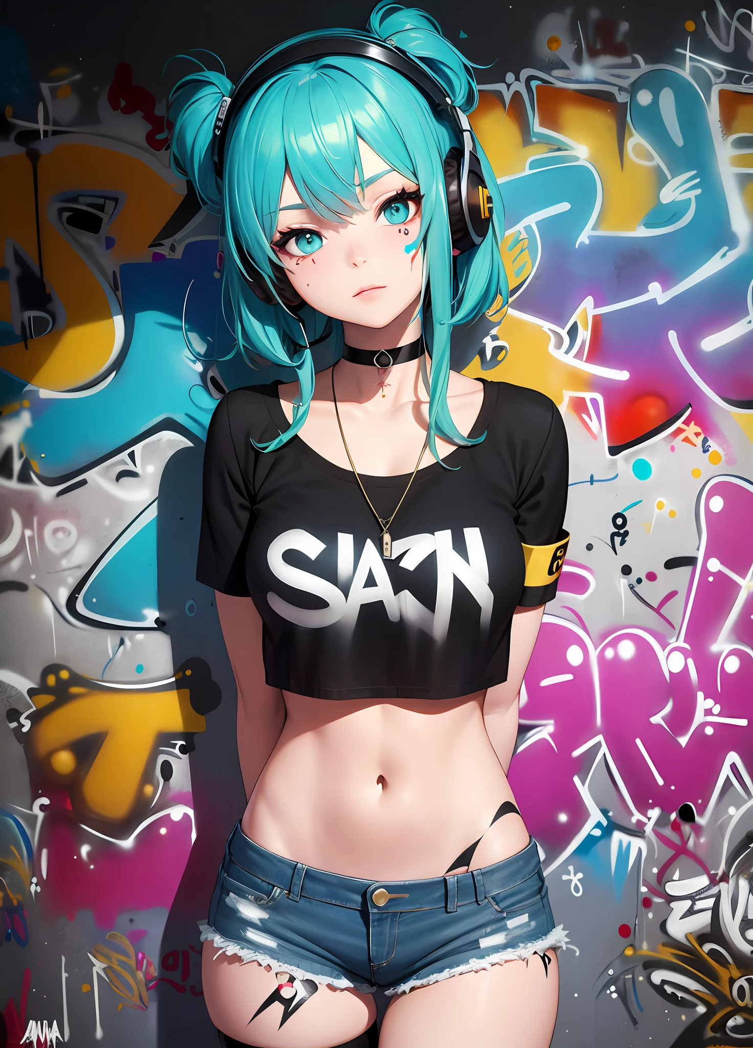 masterpiece, best quality, 1girl, solo, crop top, denim shorts, choker, (graffiti:1.5), paint splatter, arms behind back, against wall, looking at viewer, armband, thigh strap, paint on body, head tilt, bored, multicolored hair, aqua eyes, headset,
