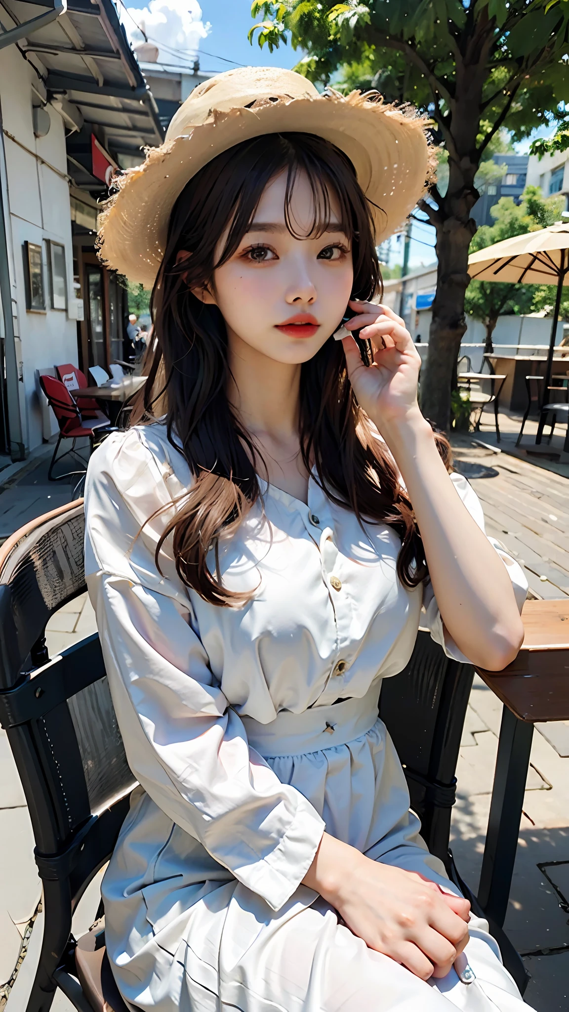 ginormous breasts、Beautiful highschool girl、high picture quality、Like a shot with an SLR、Summer clothes、Straw hat、western clothes、onepiece、I'm eating parfait、Off-shot、tea shop、Sitting on a chair