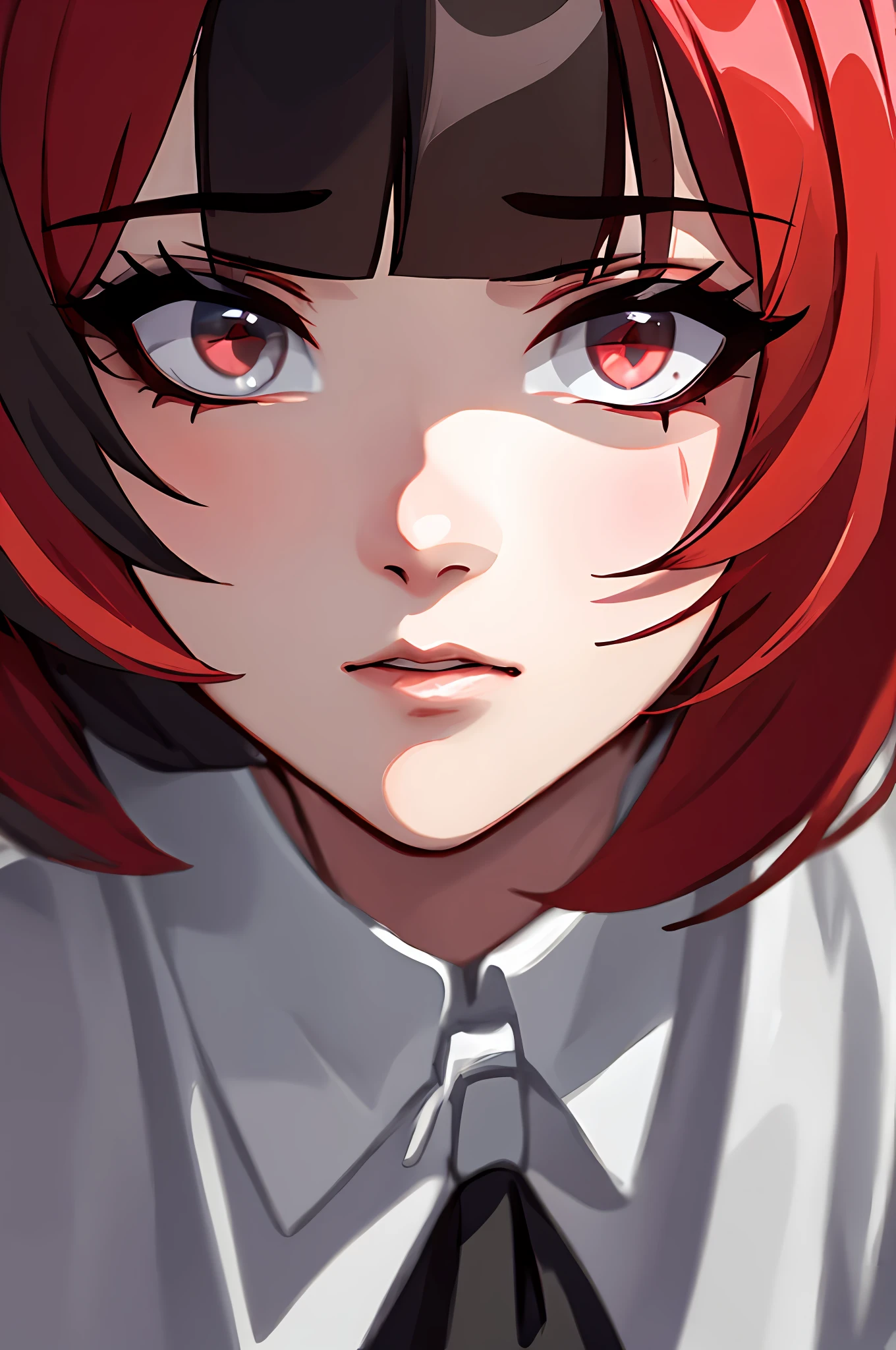 ((masterpiece, Best Quality))), Coupling, solo, 1girl, ((red hair, black hair, multicolored hair)), (white shirt, black tie), short hair, white tights, sitting, (close-up of the face), very detailed, photorealism, photorealism, surprised, puzzled, sad, slightly blurred background, (looking to the side, head slightly turned, looking in the mirror)