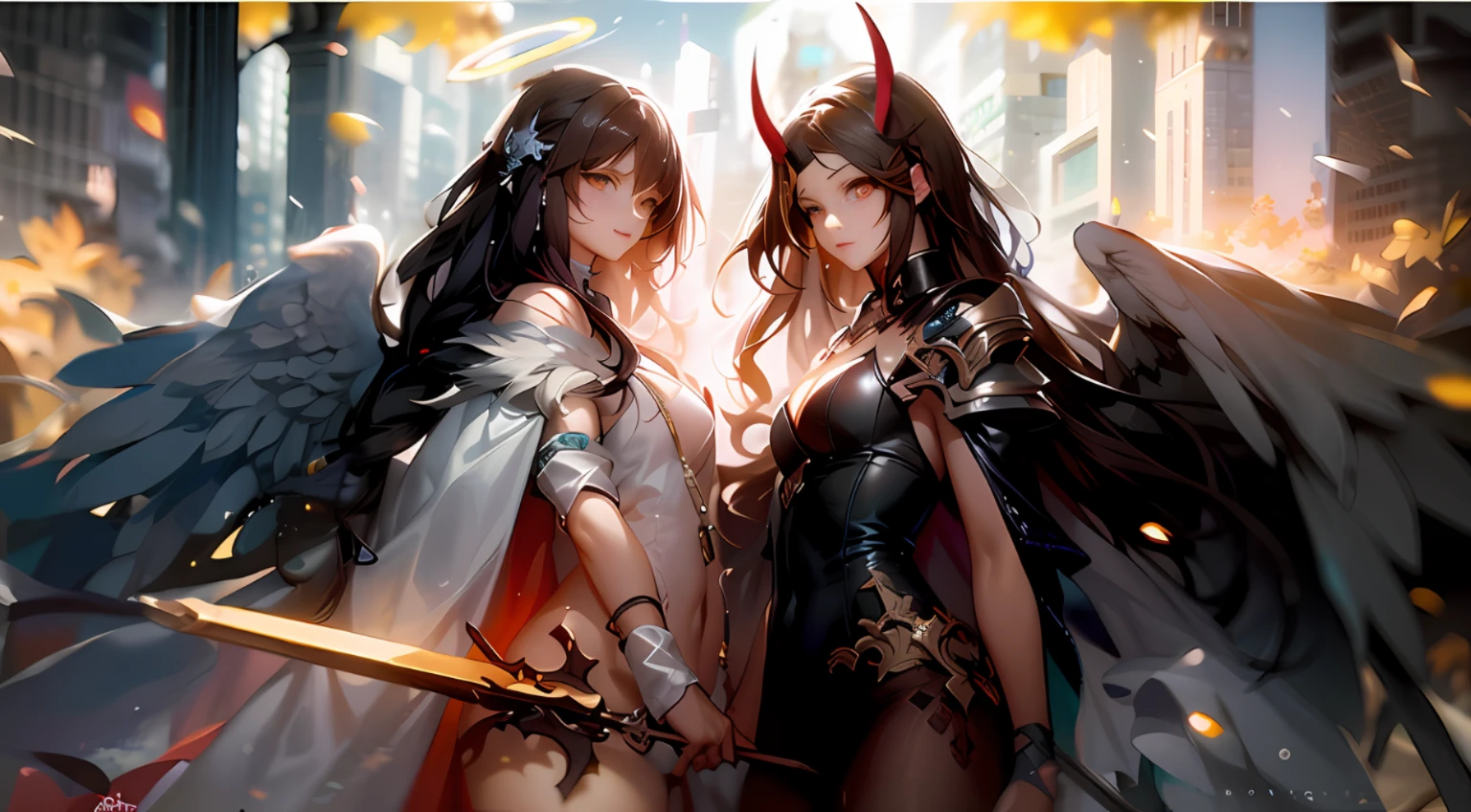 An angel and a demon face off in the center of the screen，Anime epic artwork，popular on ArtStation Pixiv，2.5D CGI anime fantasy artwork，Anime fantasy artwork，Anime art wallpaper 4k，Anime art wallpaper 4 K，From the night of the ark，anime fantasy illustration，Anime art wallpaper 8k，High detail official artwork，4k anime wallpapers