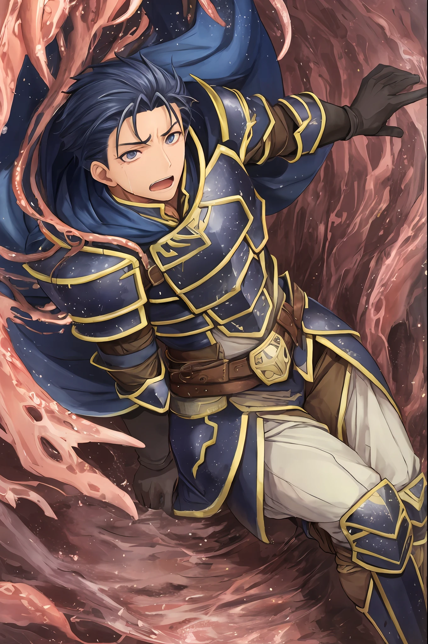 Hector Fey（adult man）， 独奏， looking looking at viewer，Tied by tentacles（Mucus-secreting tentacles） ，With his mouth open，droolng，perspire，Tight combat uniform，Armour，Armour，Get wet， mitts， 1 man，weeping，Be red in the face， Male focus，Tentacles wrapped around thighs（Octopus tentacles wrap around thighs）， cloaks， Armour， Shoulder armor， Soaked leggings，Wrists bound by tentacles，Waist wrapped around tentacles