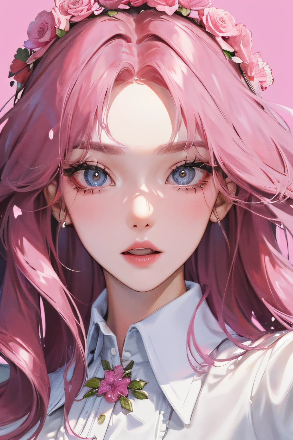 8K, masterpiece, best quality, night, full moon, 1 girl, korean style, mature woman, sister, pink long haired woman, long hair, light pink lips, calm, rational, bangs, gray pupils, wearing a pink flower on the head, flower background, petal dancing, delicate face, close up, face zoom, detailed face, detailed eyes, looking at viewer, close to viewer