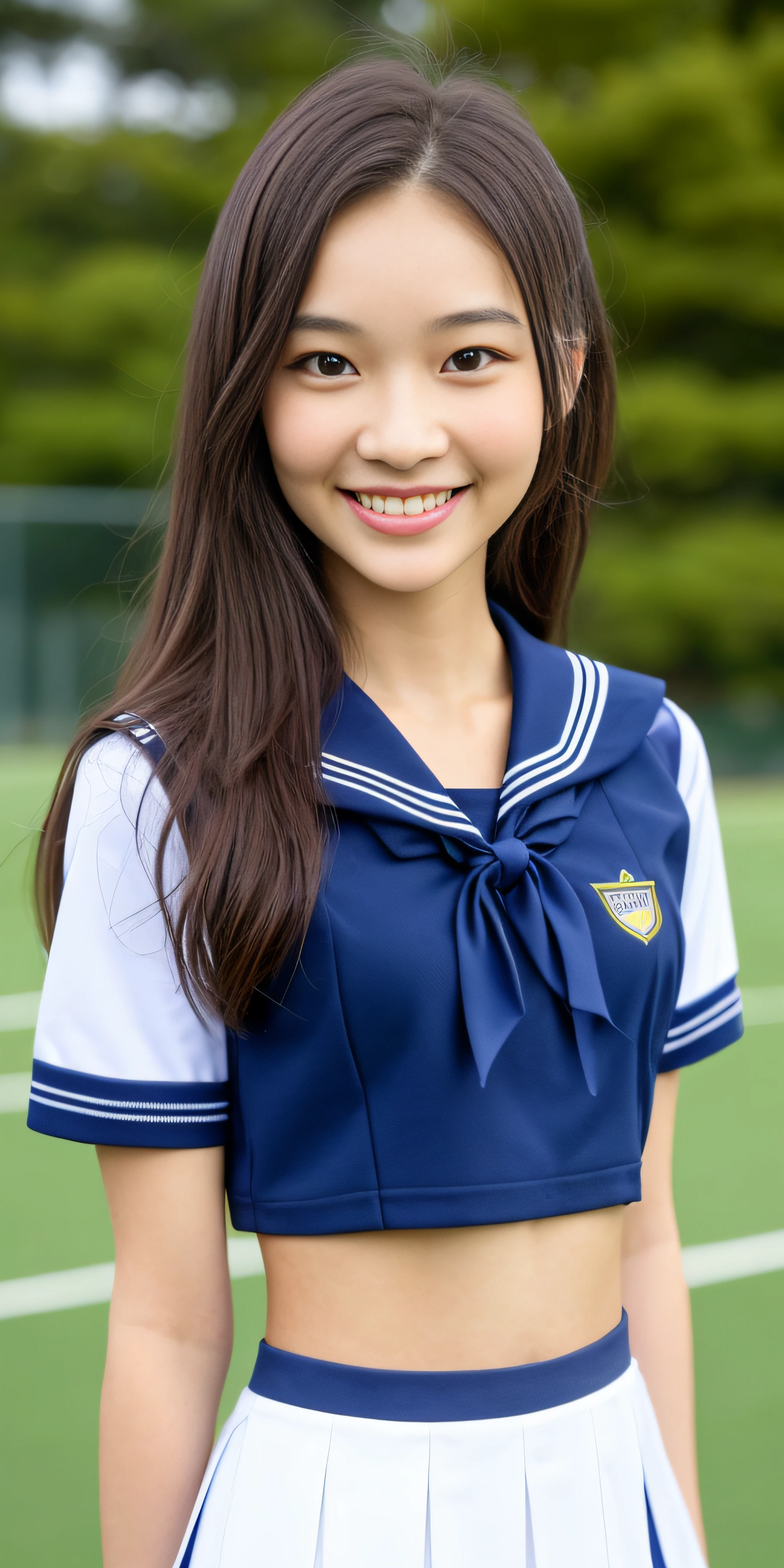 neat college girl, (school uniform, sailor uniform, ribbon tied at chest, summer uniform, upper body white, skirt dark blue, short sleeves), outside the athletic field, (slim), photorealistic, detail, skin texture, ultra detail, delicate and sexy collarbone, smile, super detailed face, detailed lips, detailed eyes, double eyelids, small breasts, small breasts, small, small, flat chest