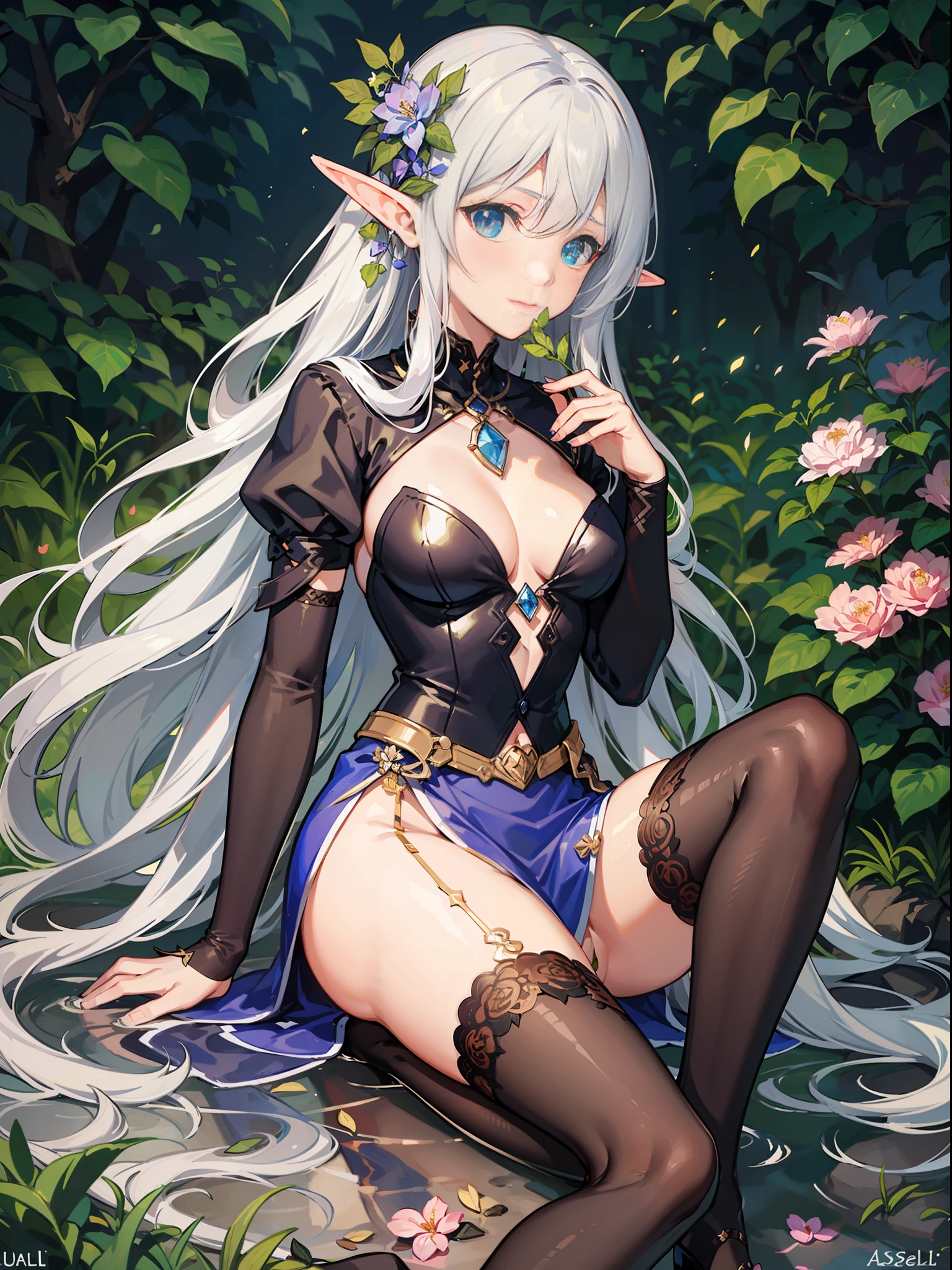 Elf Girl,Silver hair,length hair,shiny skins,A princess,aseprite,Extremely detailed CGunity8 wallpaper,tmasterpiece,(ultra detali),(illustratio),a color,(Flower hairpins,Flowers,gardener),flower face,grow,naturey,high-heeled,fullllbody,Complete clothes