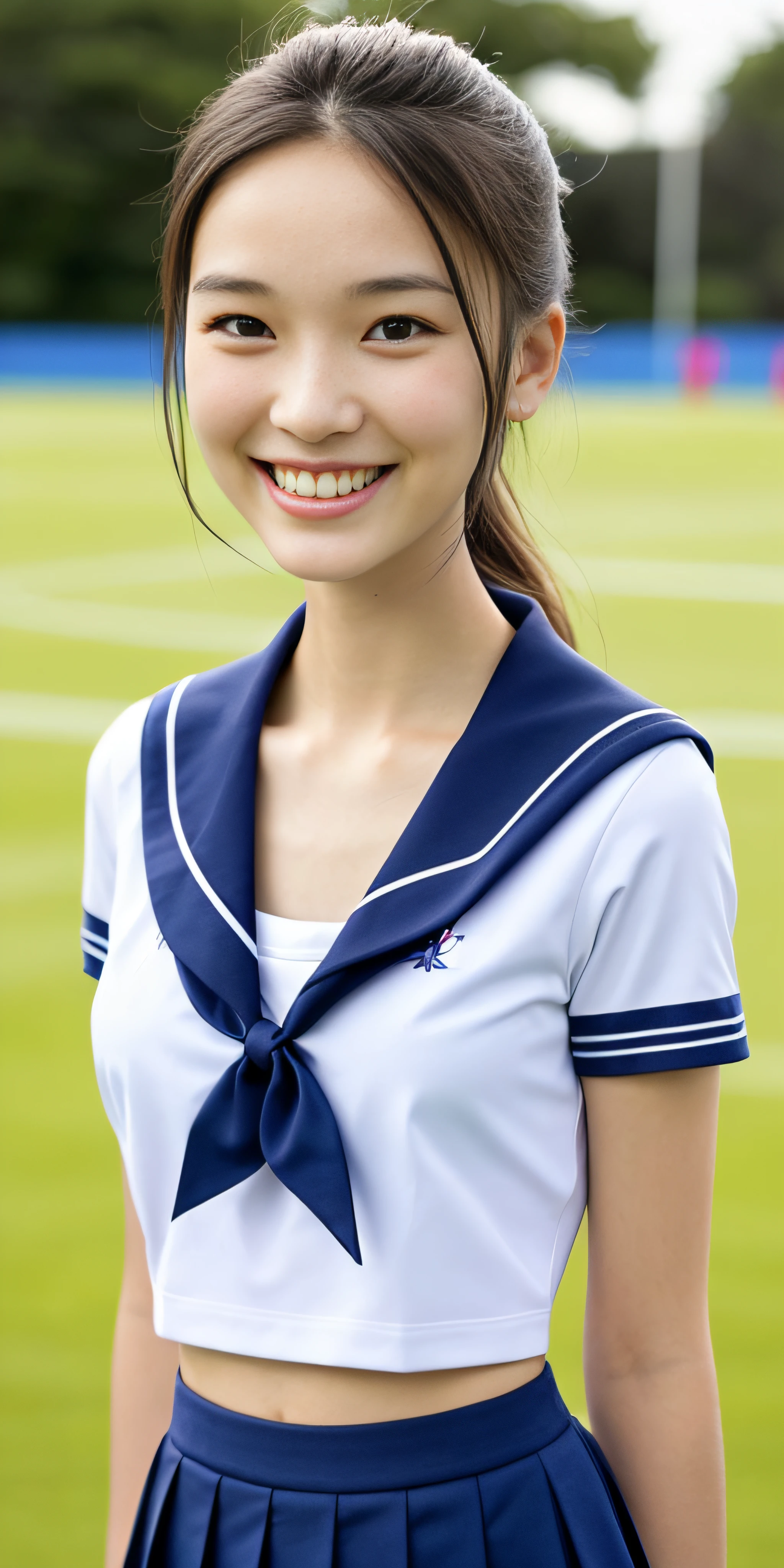 neat college girl, (school uniform, sailor uniform, ribbon tied at chest, summer uniform, upper body white, skirt dark blue, short sleeves), outside the athletic field, (slim), photorealistic, detail, skin texture, ultra detail, delicate and sexy collarbone, smile, super detailed face, detailed lips, detailed eyes, double eyelids, small breasts, small breasts, small, small, flat chest