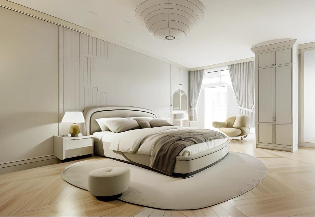 (best quality) (ultra realistic photo) (super detailed) (sharp focus) (curvy style bedroom) Curved furniture, soft furniture, cute furniture, smooth line, smooth shape, art and decor ,