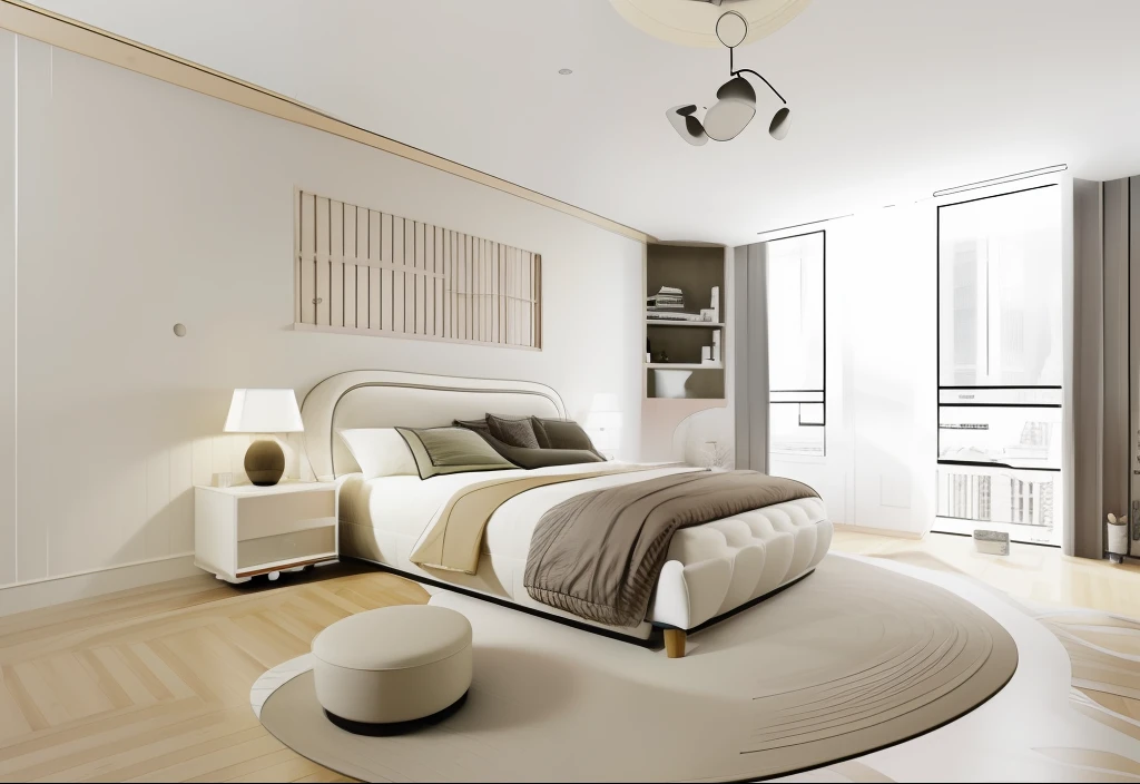 (best quality) (ultra realistic photo) (super detailed) (sharp focus) (curvy style bedroom) Curved furniture, soft furniture, cute furniture, smooth line, smooth shape, art and decor ,