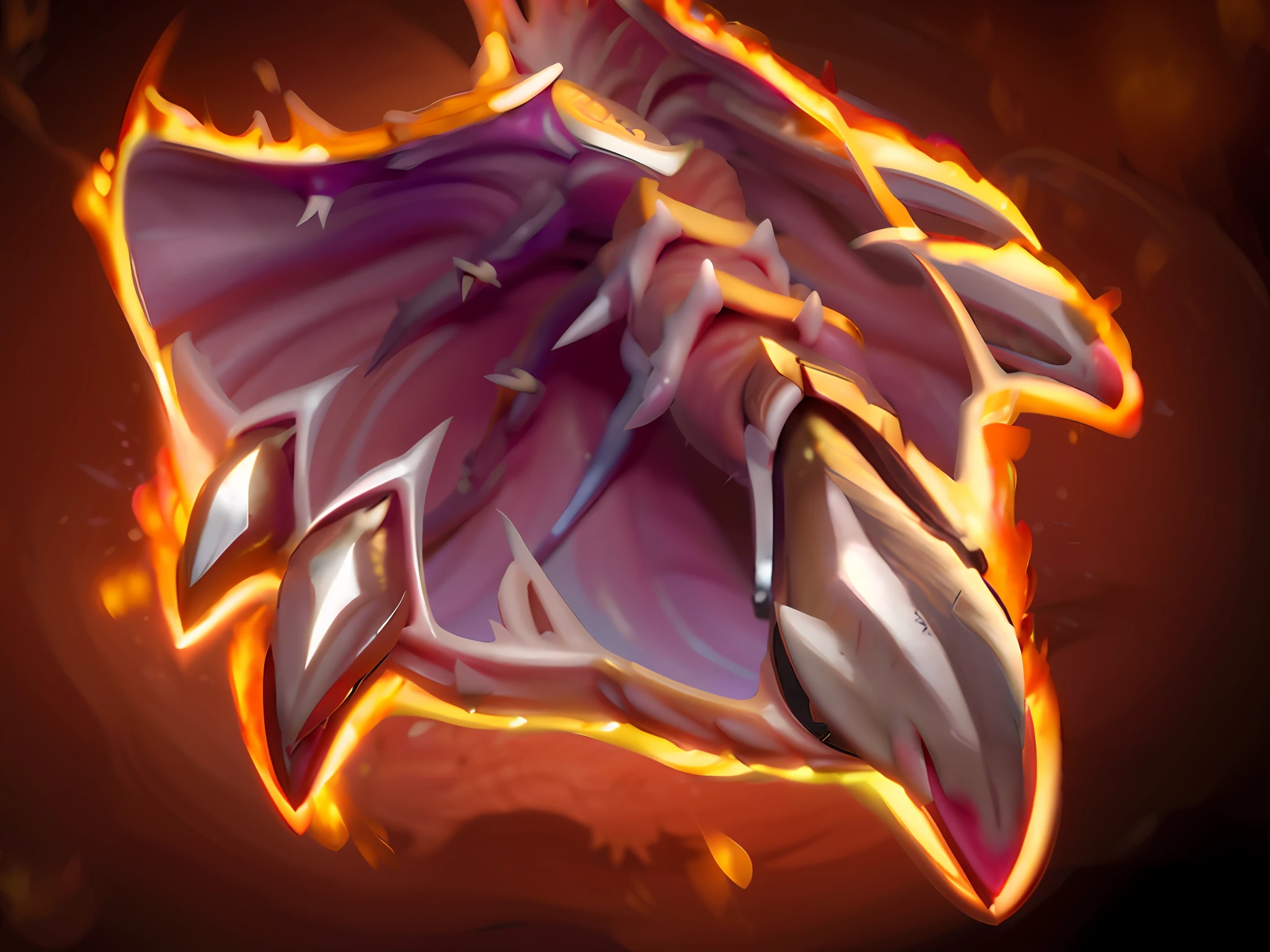 a close up of a fire - covered emblem with a dragon's head, dragon maw, dragon claw, dragon claw, detailed hot maw, iron claws, Sharp dragon claws, open metal maw, sarenrae, heartstone, Thertrevkaiser, shining claws, 6 claws, detailed maw, legendary item, sharp metal dragon claws, skin spikes, The dim