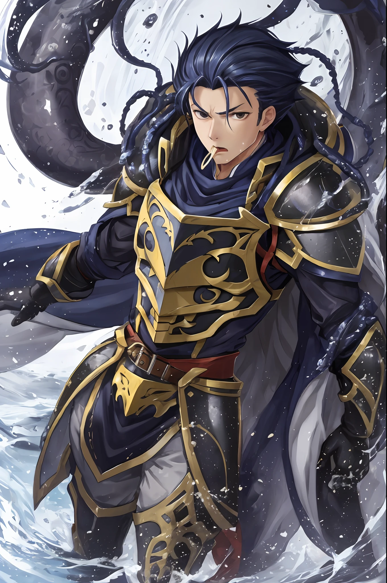 Hector Fey(adult man), 独奏, looking looking at viewer,Tied by tentacles(Mucus-secreting tentacles) ,With his mouth open,droolng,perspire,Tight combat uniform,Armour,Armour,Get wet, mitts, 1 man,weeping,Be red in the face, Male focus,Tentacles wrapped around thighs(Octopus tentacles wrap around thighs), cloaks, Armour, Shoulder armor, Soaked leggings,Wrists bound by tentacles,Waist wrapped around tentacles