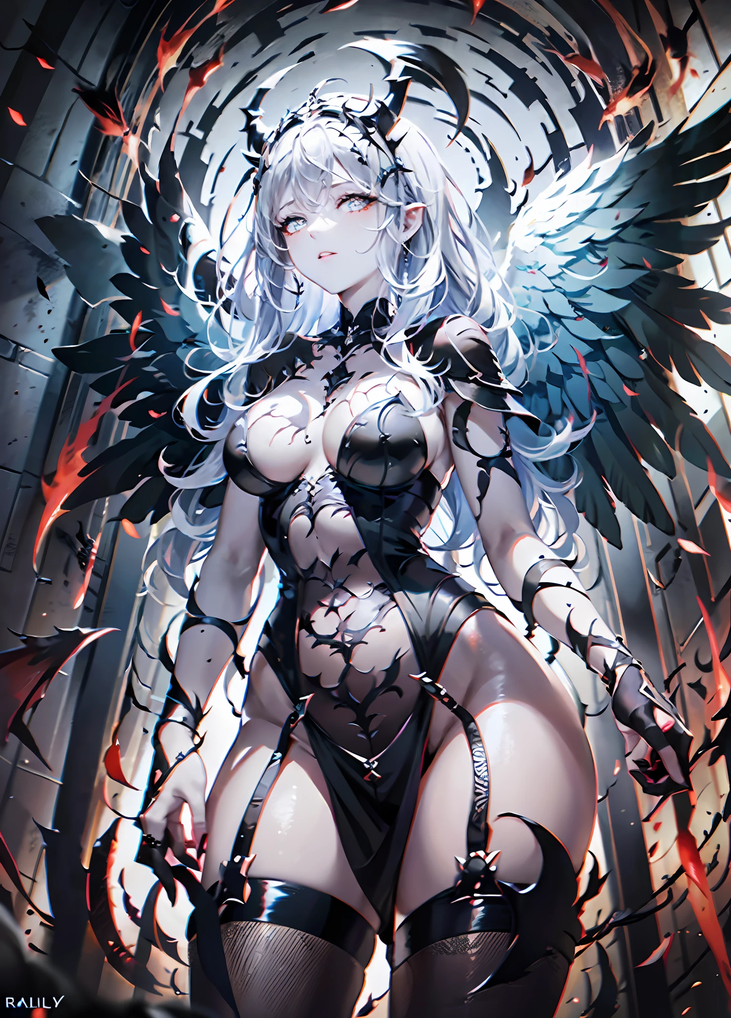 a beautiful teen-aged girl，Half of the body is angelic，The other half of the body is demon，Black and white color scheme，The angel，demonic，featheredwings，curvy build，gloweyes，In front of the Gothic church，Expression pride，Armor and tights，diamond jewelly，Black and white feathers flutter in the sky，Perfect body， s the perfect face， perfect hand， Perfect Finger， perfect lips， perfect  eyes， Perfect background， perfect atmosphere， Professional Quality， 8K， Perfect photography， Highest high resolution， 8K， Ray traching， perfect volumetric lighting， High-quality octane rendering， high quality vector， ultra detali， SAW movie scenes， Torture chamber， Clear skin， minimalistbackground， Perfect skin， no abberations