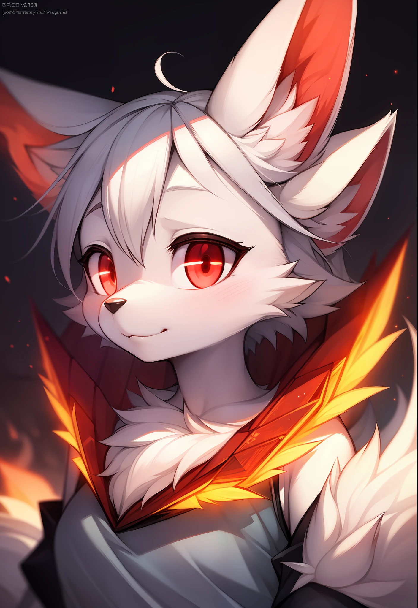 furry, white fur, ultra cute face, red elements on fur, glowing t-shrt, beautiful lights and shadows, ambient light, ultra detailed fur, volumetric light