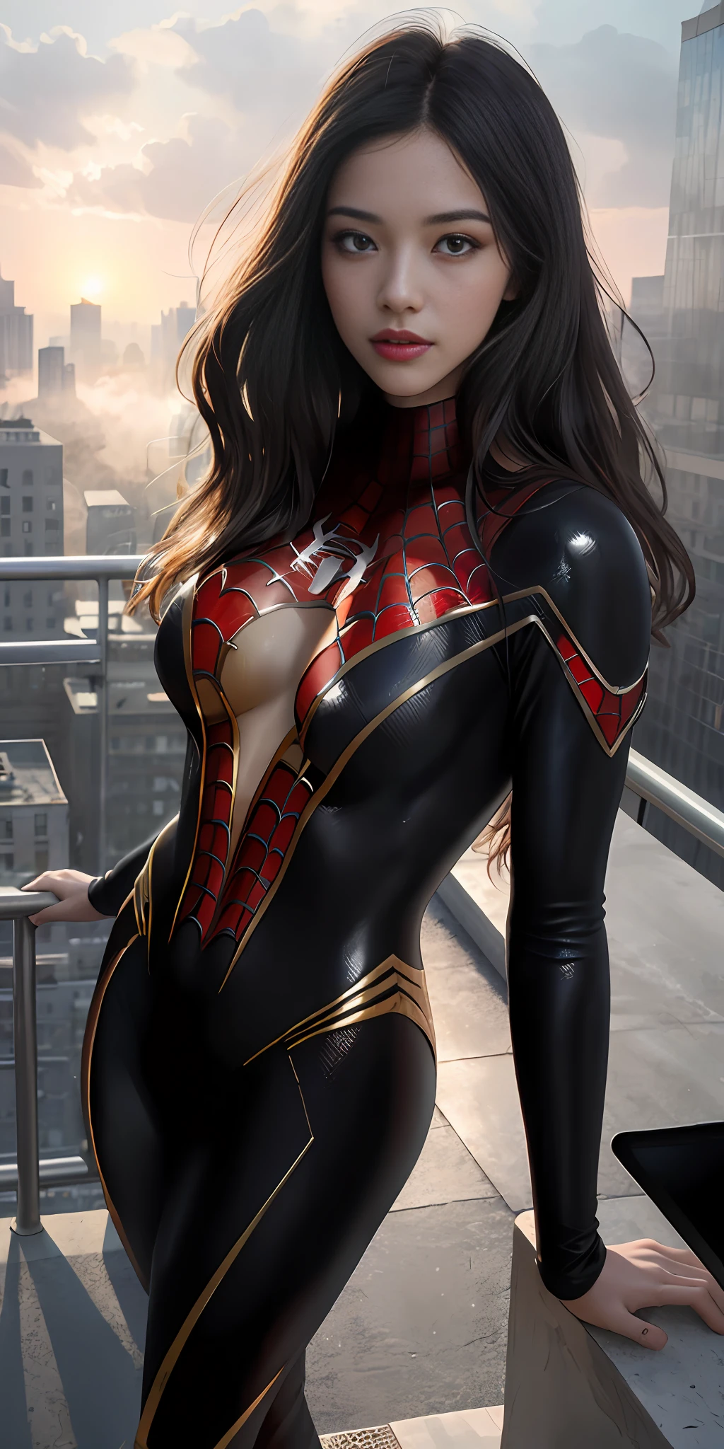 (1girl:1.3), 独奏, (((very vey very detailed face))),((very detailed eyes and faces))),beautiful details eyes,Body parts__,offcial art,Unified 8k wallpaper,ultra-detailliert,Beautiful and beautiful,beatifull,tmasterpiece,best quailty,primitive,tmasterpiece,ultra fine photos,best quailty,Super-High Resolution,photorealistic realism,sun beam,full-body portraits,stunningly beautiful,,dynamicposes,delicated face,vibrant eyes,(from the front side), she is in a spider-man suit,Red and black color scheme,arachne,Very detailed city roof background, Roof,overlooking a city,Detailed face,detailed complex busy background,untidy,opulent,milkyW,highly detailedskin,Realistic details of skin,Visible pores,Clear focus,volume fog,8k uhd,digital DSLR camera,high qulity,filmgrain,fair white skin,photo-realism,lomography,A huge metropolis of the dystopia of the future, semi transparent,multiple persons,cuddle