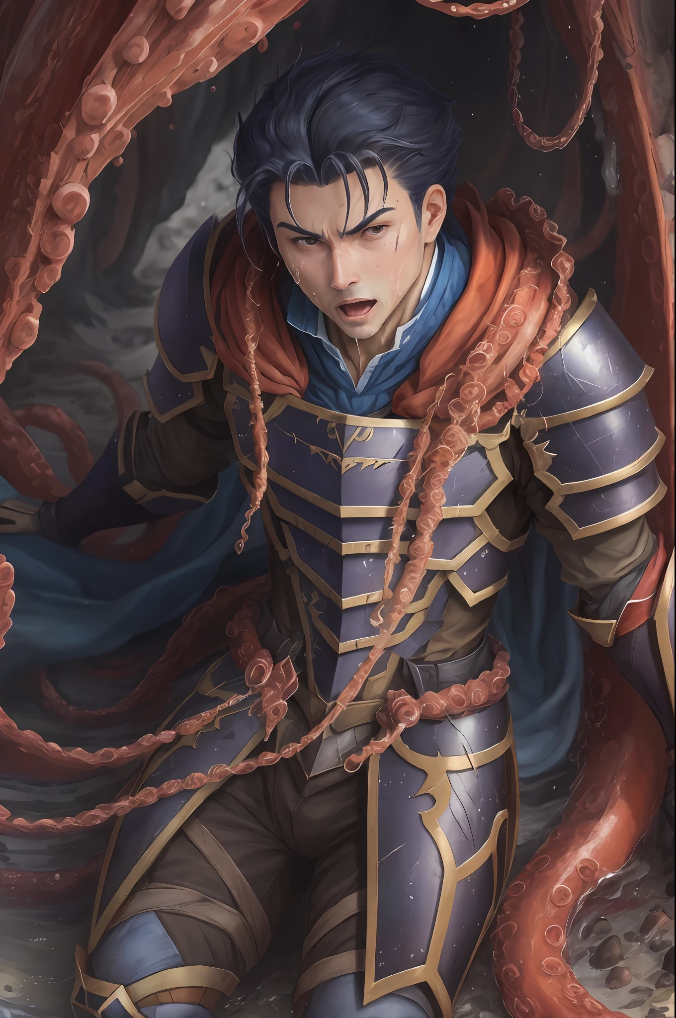 Hector Fey(adult man), 独奏, looking looking at viewer,Tied by tentacles(Mucus-secreting tentacles) ,With his mouth open,droolng,perspire,Tight combat uniform,Armour,Armour,Get wet, mitts, 1 man,weeping,Be red in the face, Male focus,Tentacles wrapped around thighs(Octopus tentacles wrap around thighs), cloaks, Armour, Shoulder armor, Soaked leggings,Wrists bound by tentacles,Waist wrapped around tentacles