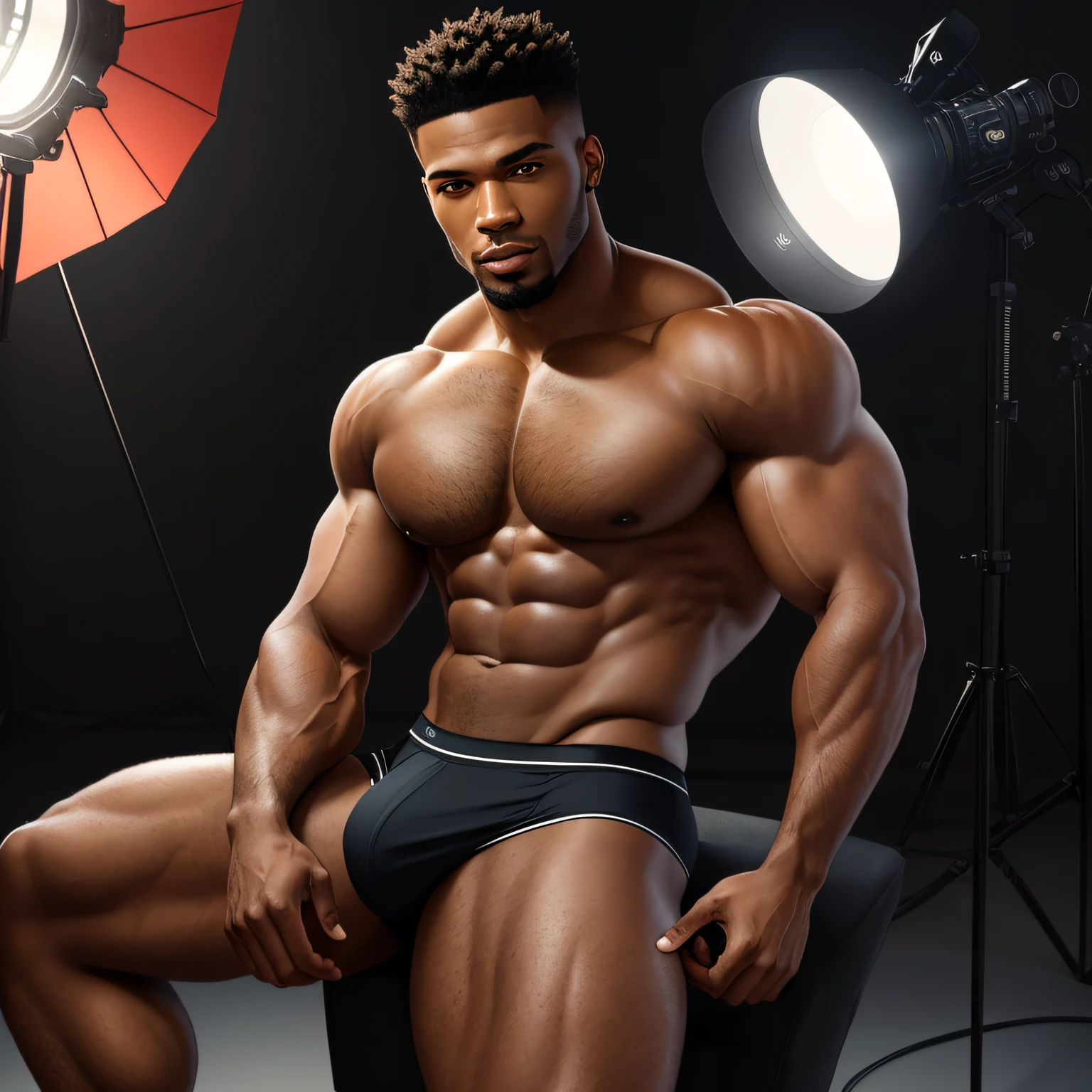 (high quality, stunning illustration), realistic handsome black muscular man with a tiny waist wearing a black jockstrap, holding a professional-level camera to his eye, fullbody image seen from a low angle, in a studio setting