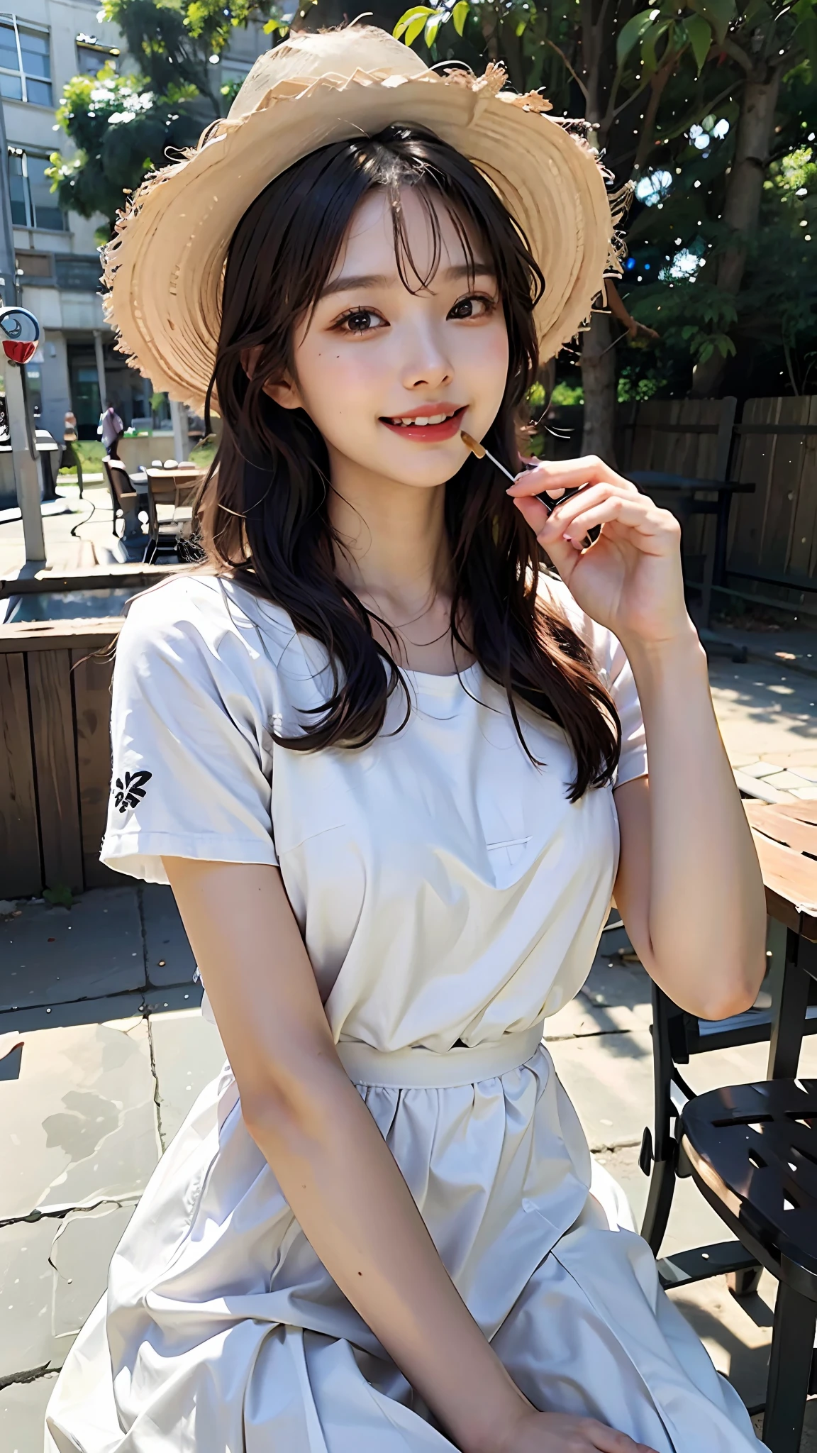 ginormous breasts、Beautiful high girl、high picture quality、Like a shot with an SLR、Summer clothes、Straw hat、western clothes、onepiece、I'm eating parfait、Off-shot、tea shop、Sitting on a chair、Laughing、Sorrisos、Teeth are visible