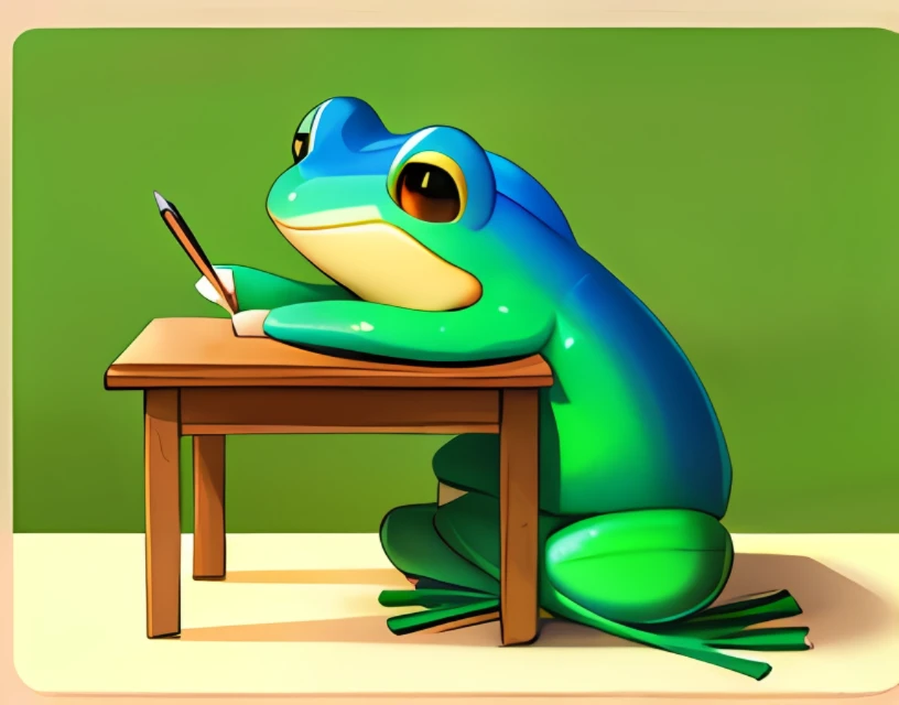 Frog studying in front of desk、Holding a pencil in his right hand、Left hand on desk、Circular sticker:1.3