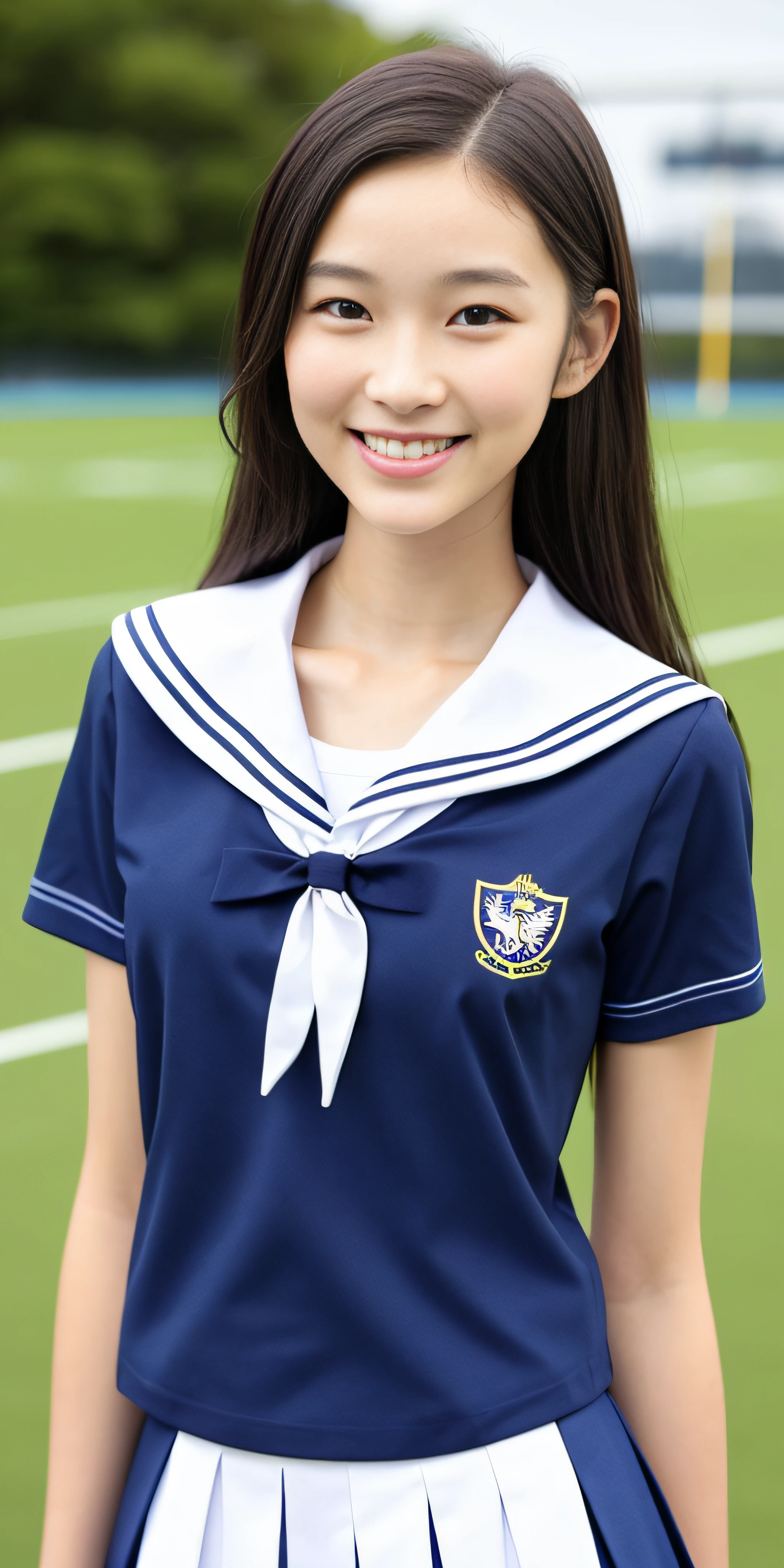 neat college girl, (school uniform, sailor uniform, ribbon tied at chest, summer uniform, upper body white, skirt dark blue, short sleeves), outside the athletic field, (slim), photorealistic, detail, skin texture, ultra detail, delicate and sexy collarbone, smile, super detailed face, detailed lips, detailed eyes, double eyelids, small breasts, small breasts, small, small, flat chest