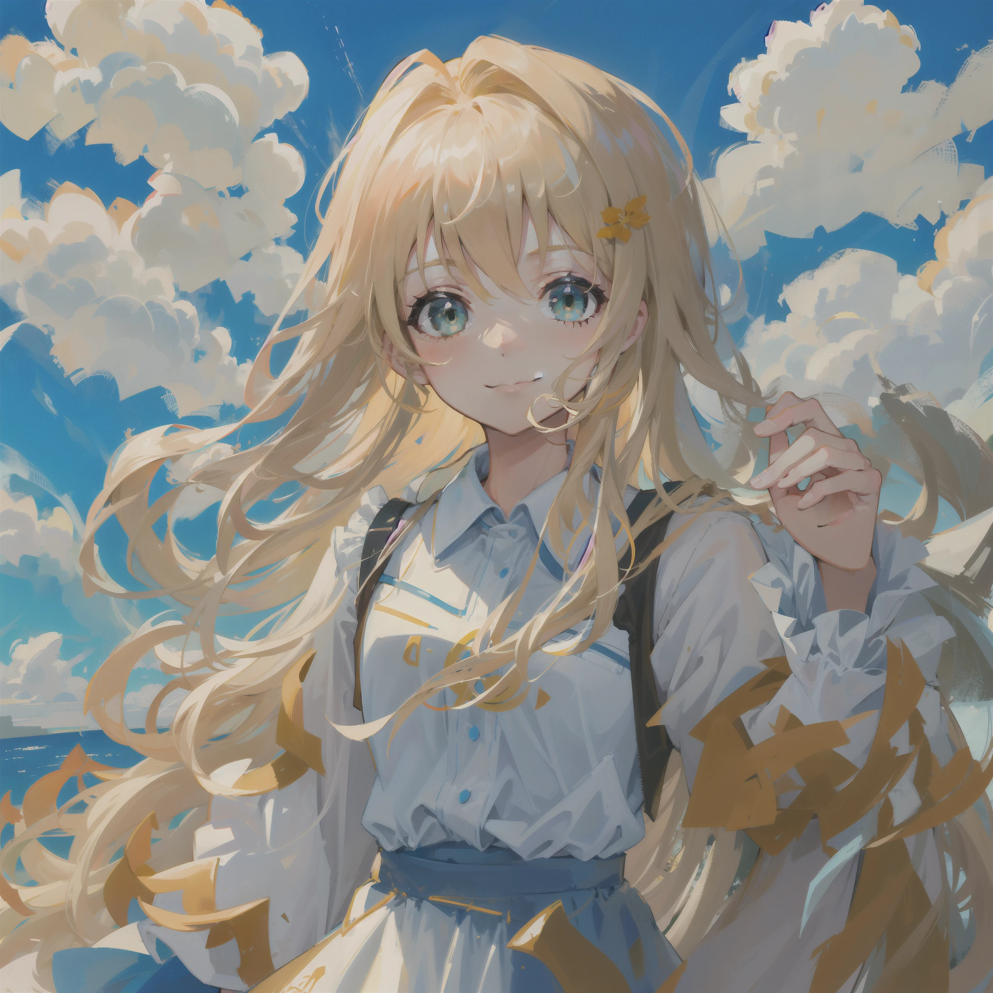 Girl with curly blonde hair，length hair，the sky background，florals，sportrait，Green eyes，Soft light，school uniformss，Monotonous background，ssmile
