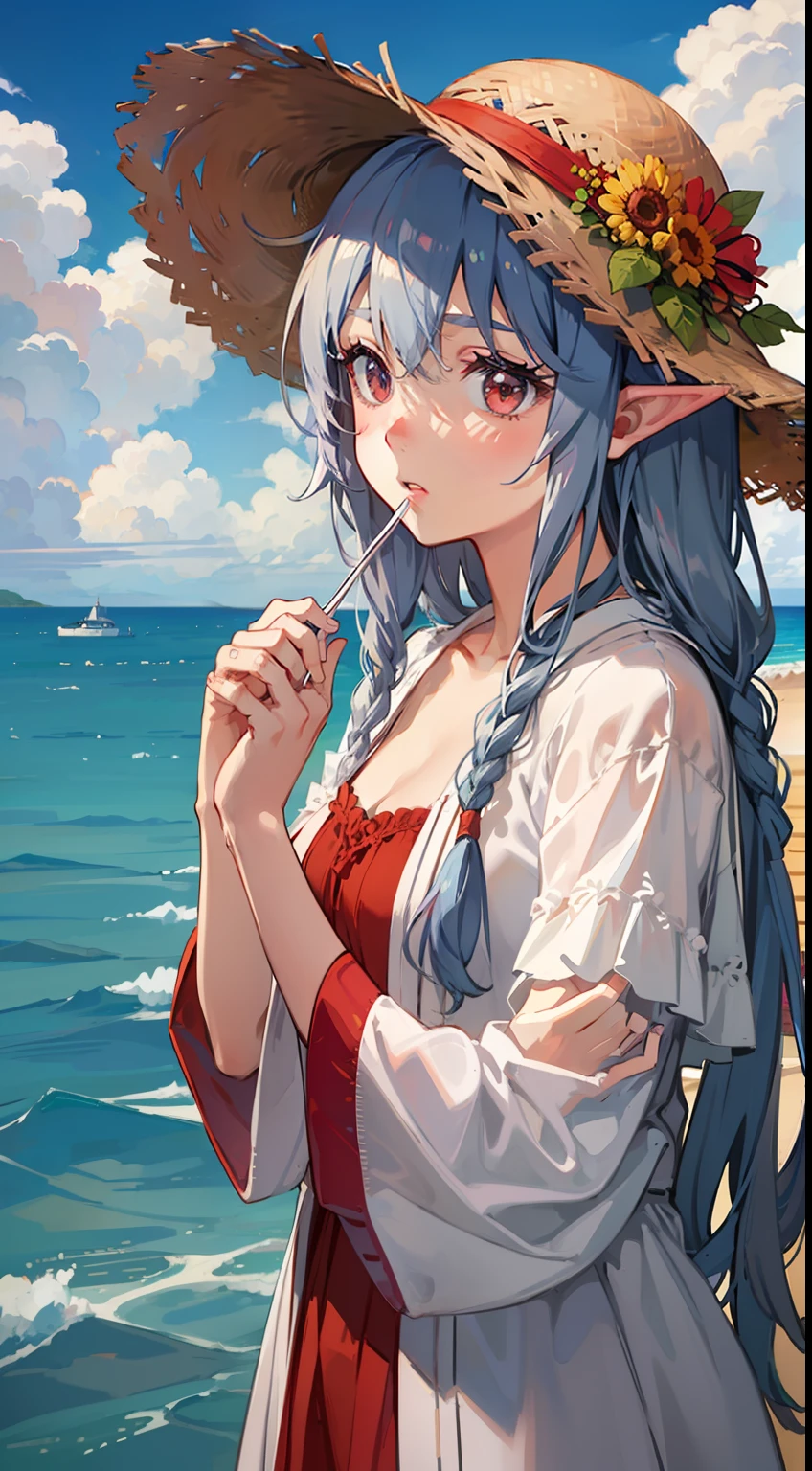 ((Put both hands on the straw hat)), ((Raise both hands)), ((Overlooking the sea)), 1 Whole body of a girl, elvish, has silver hair, Red Eyes, bob cuts, Braided hair, summer dress, robe blanche, frilld, a straw fedora hat, Embarrassing,Troubled eyebrows, red blush, gender change, speculum, Seaside city, concept-art, beautiful anime scene, Beautiful anime scenery, beste-Qualit, masterpiece