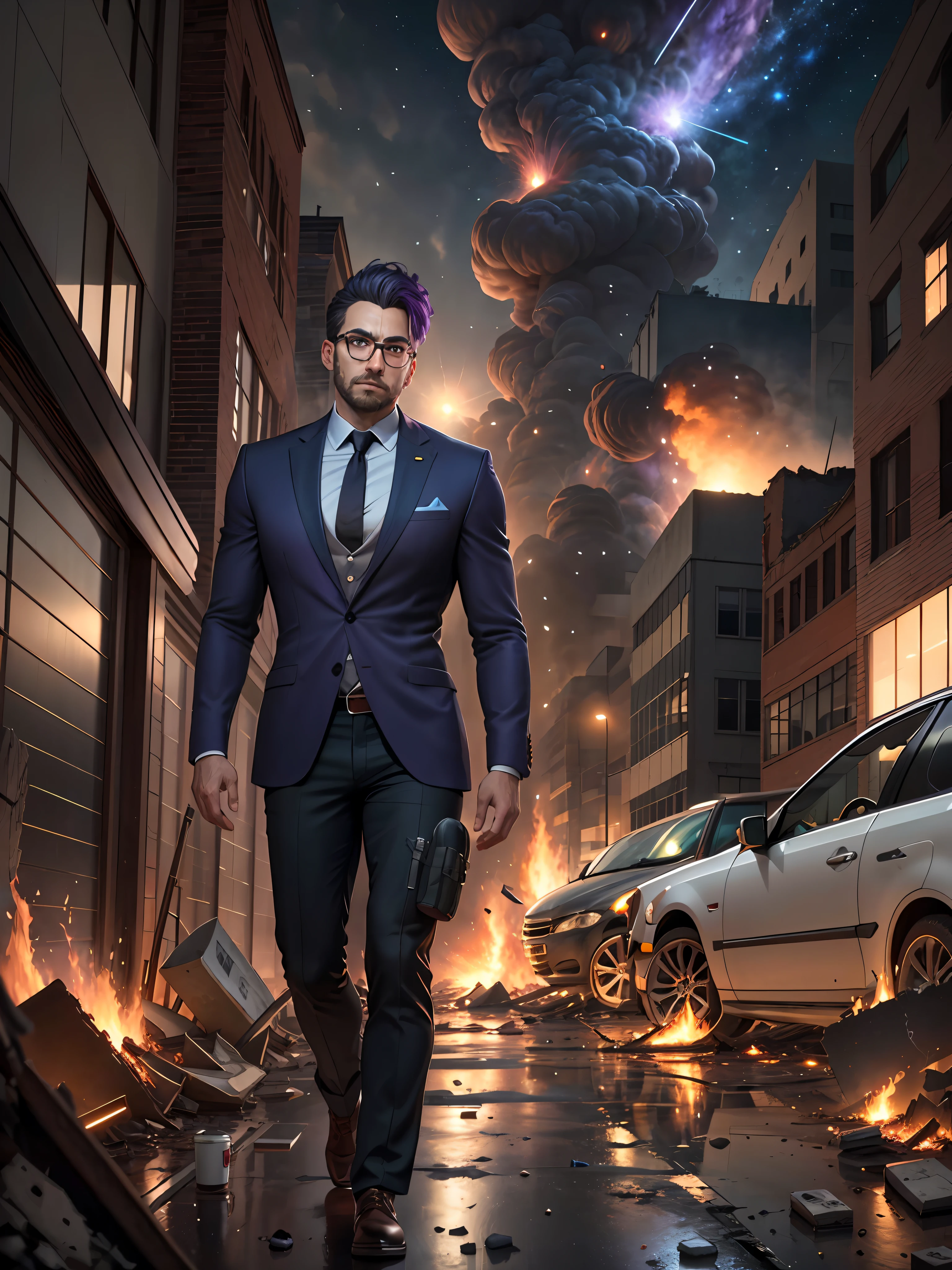 imagine an image of man walking calmly, in the street of ruined city, wearing smart suit, huge fires and dense smoke, detailed face, supernova at sky, night time, scene is full of explosions, some destroyed cars and explosing cars, scattered glasses and broken pieces, perplexed and scary environment, violet colour overwhelmed, at the movement of surprise and breathtaking, hyper realistic, detailed hands, ultra detailed, unreal engine, octane render, UHD, 8k resolution, masterpiece, front view, detailed face and fingers, man walking in ruined city