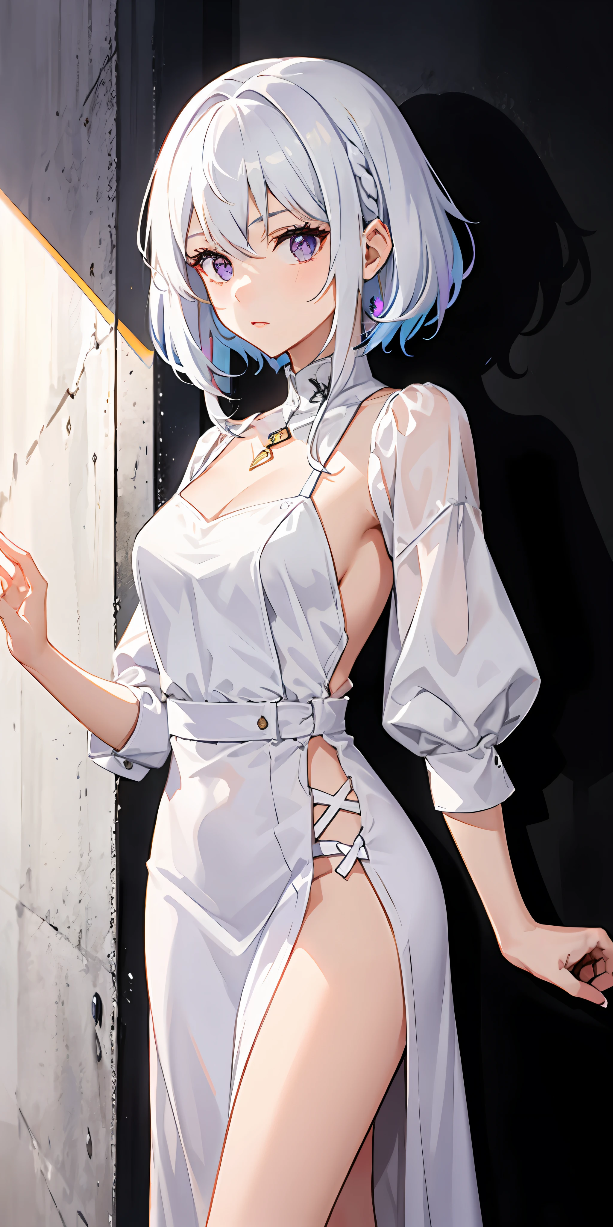 1girl,White hair,O cabelo multicolorido,Purple eye,Wearing JK,Sideslit,light particules,wall-paper,