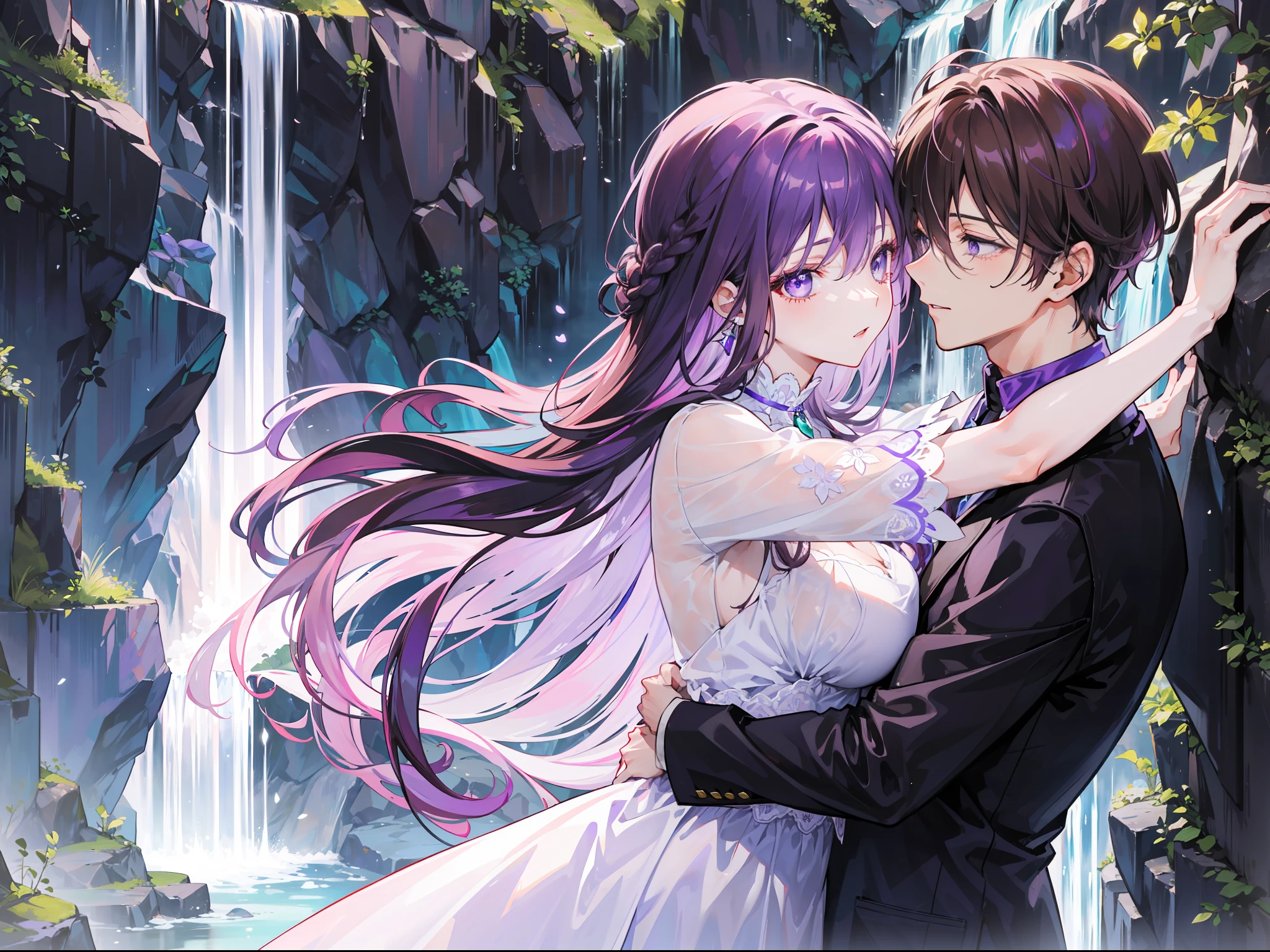 "Generate a adult couple passionately hugging under a waterfall, 4k, showcasing romance with gorgeous lighting. The woman has vibrant long light-purple hair and captivating light-purple eyes, while the man has charming brown hair and enchanting emerald eyes."
