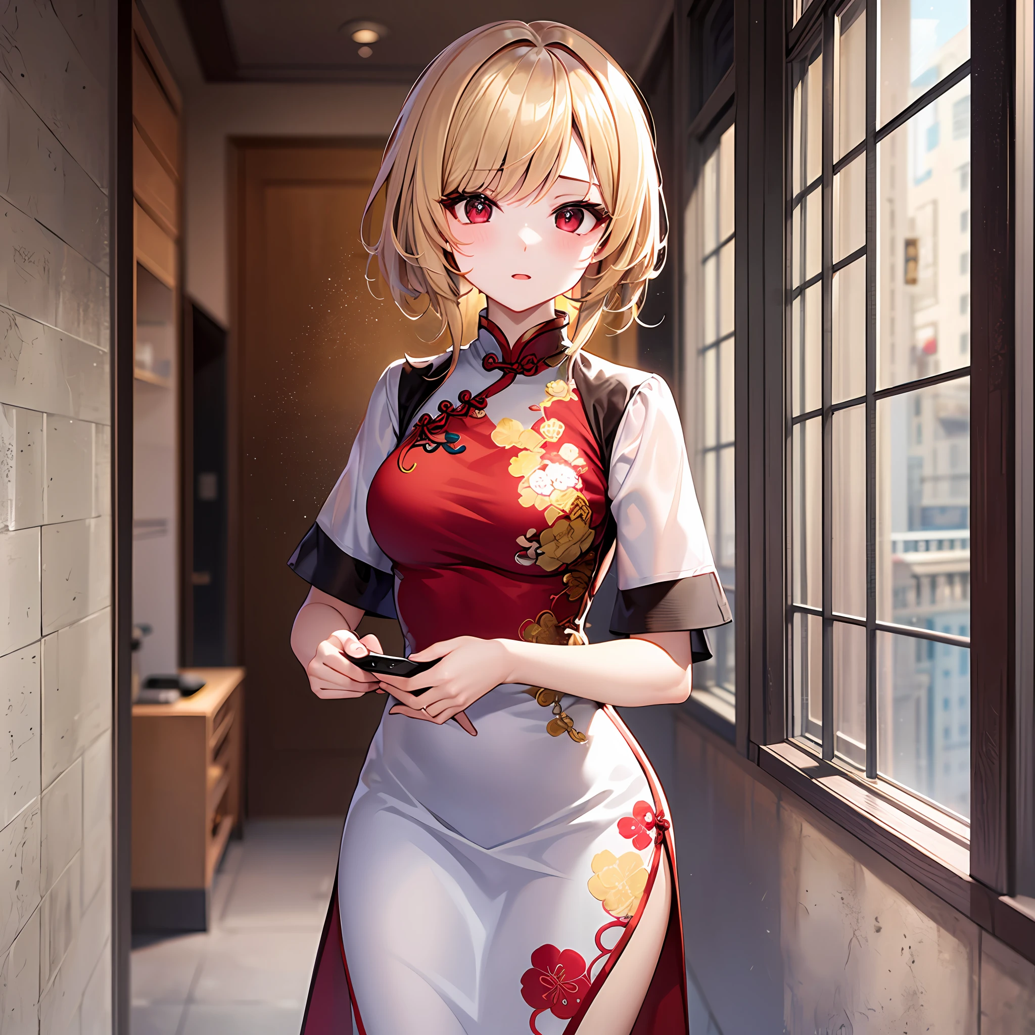 One blonde girl、red eyes、qipao dress