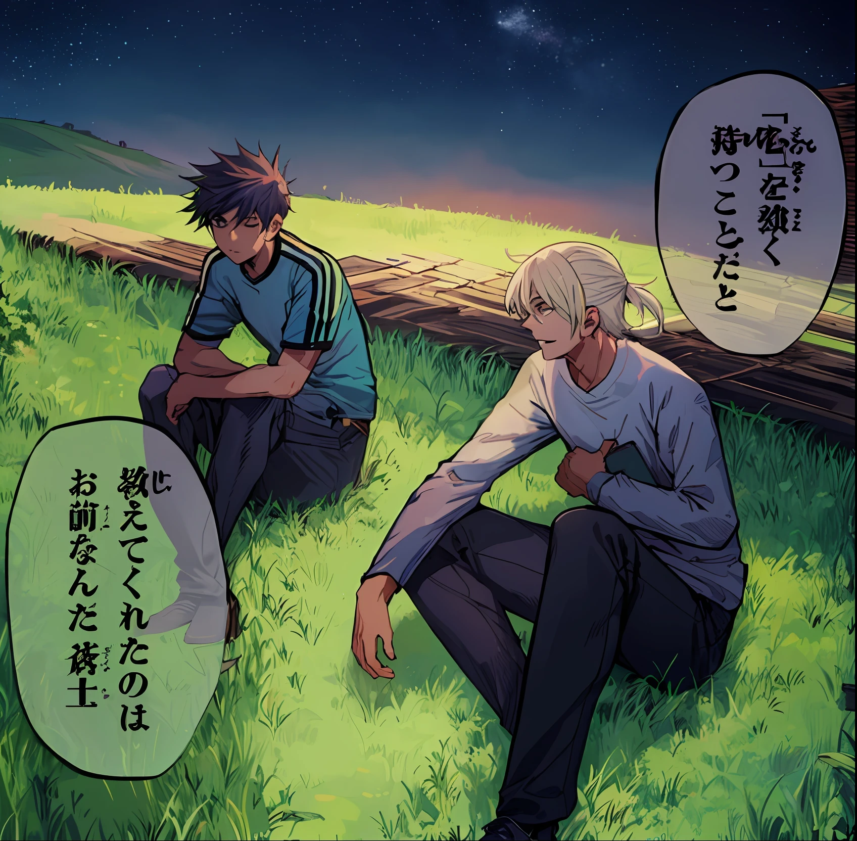 2boys sitting on grass at night, from side, talking each other, looking each other, text bubble speech, color manga, manga color, color manga, color manga panel, simple background