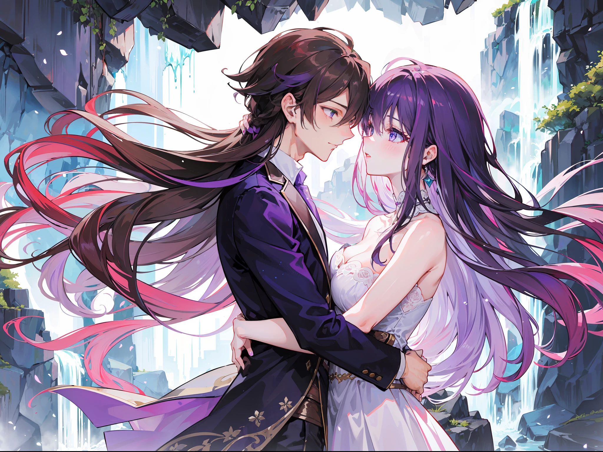 "Generate a adult couple passionately hugging under a waterfall, 4k, showcasing romance with gorgeous lighting. The woman has vibrant long light-purple hair and captivating light-purple eyes, while the man has charming brown hair and enchanting emerald eyes."