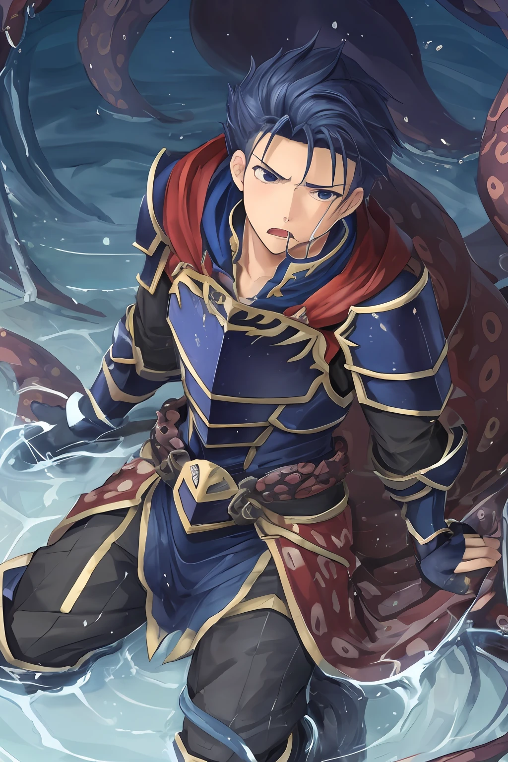 Hector Fey(adult man), 独奏, looking looking at viewer,Tied by tentacles(Mucus-secreting tentacles) ,With his mouth open,droolng,perspire,Tight combat uniform,Armour,Armour,Get wet, mitts, 1 man,kneel,weeping,Be red in the face, Male focus,Tentacles wrapped around thighs(Octopus tentacles wrap around thighs), cloaks, Armour, Shoulder armor, Soaked leggings,Wrists bound by tentacles,Waist wrapped around tentacles