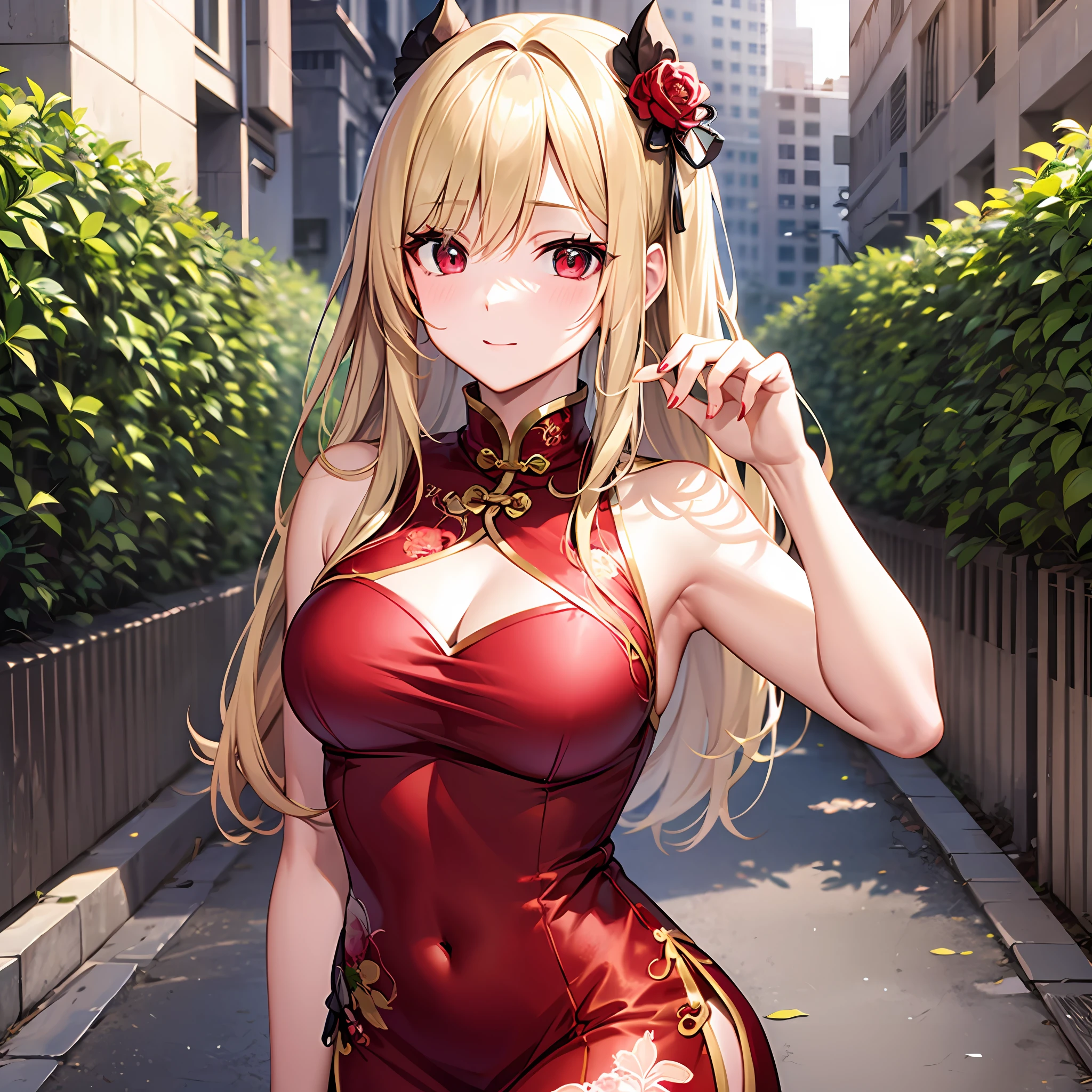 One blonde girl、red eyes、qipao dress
