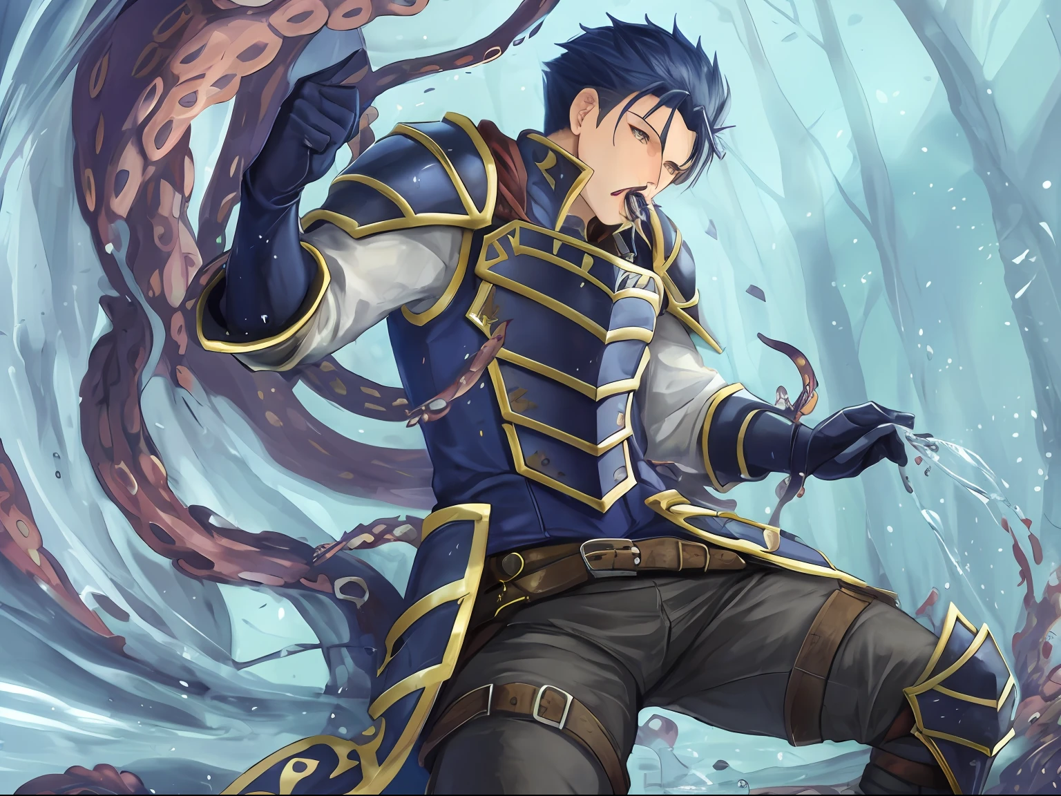 Hector Fey(adult man), 独奏, looking looking at viewer,Tied by tentacles(Mucus-secreting tentacles) ,With his mouth open(Tentacles stuff the mouth),Tentacles drill into the mouth,droolng,perspire,Tight combat uniform,Get wet, mitts, 1 man,weeping,Be red in the face, Male focus,Tentacles wrapped around thighs(Octopus tentacles wrap around thighs), cloaks, Armour, Shoulder armor, Soaked leggings,Wrists bound by tentacles,Waist wrapped around tentacles