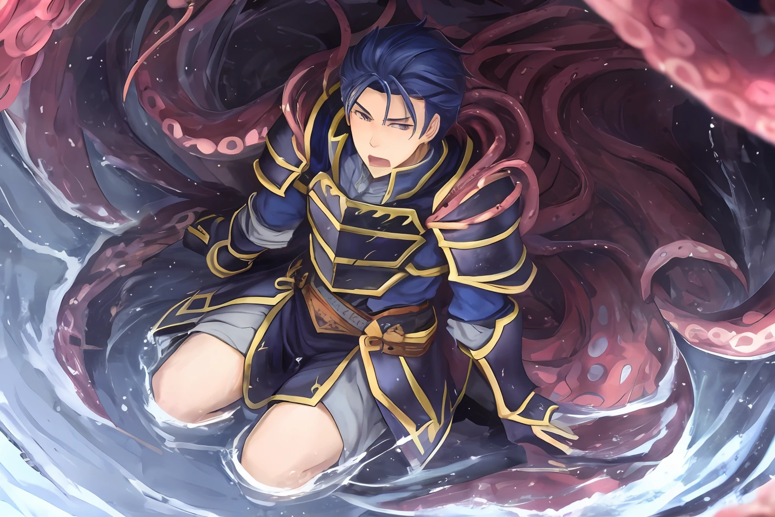 Hector Fey(adult man), 独奏, looking looking at viewer,Tied by tentacles(Mucus-secreting tentacles) ,With his mouth open,droolng,perspire,Tight combat uniform,Armour,Armour,Get wet, mitts, 1 man,Kneel,weeping,Be red in the face, Male focus,Tentacles wrapped around thighs(Octopus tentacles wrap around thighs), cloaks, Armour, Shoulder armor, Soaked leggings,Wrists bound by tentacles,Waist wrapped around tentacles