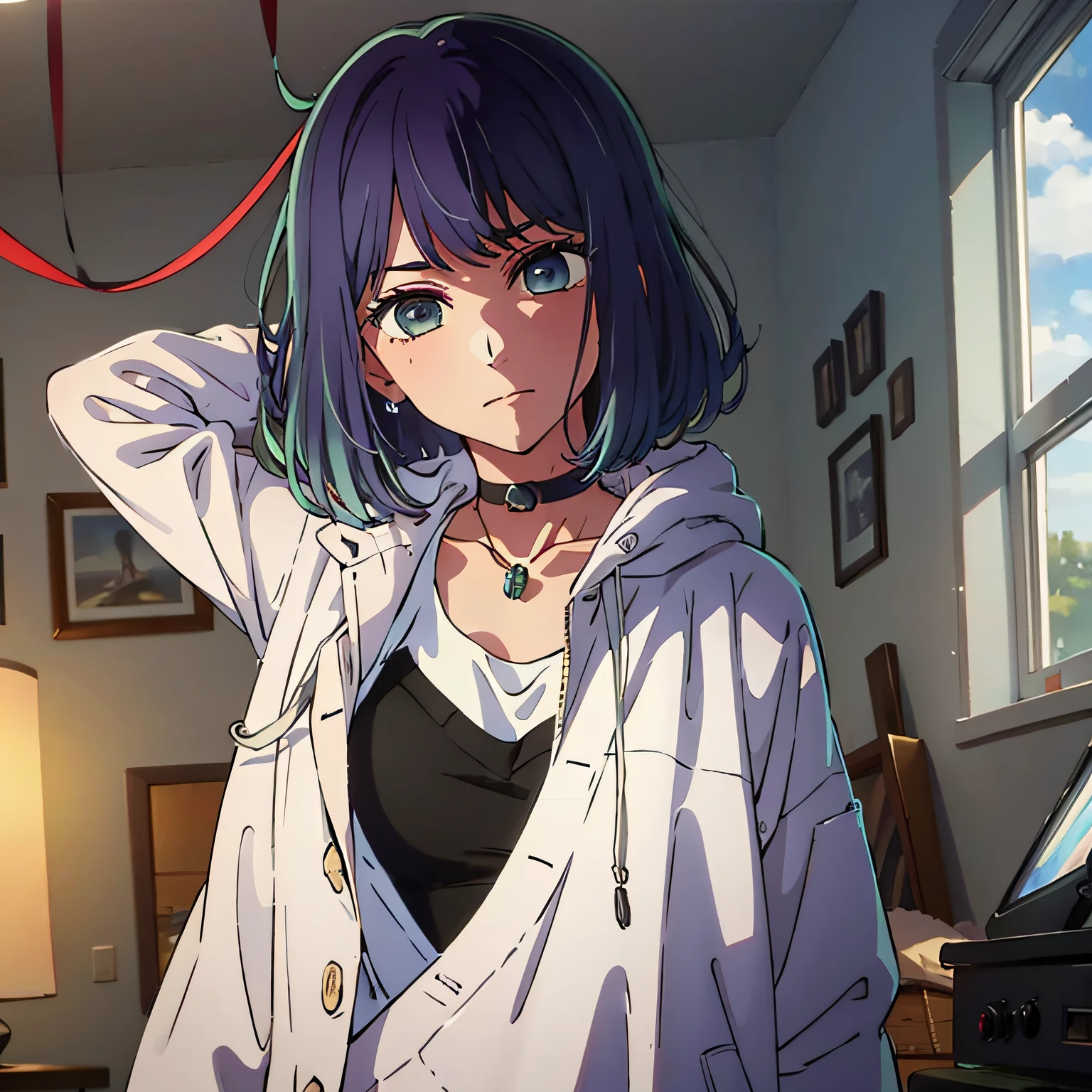 A high resolution，HighestQuali，illustratio，ultra detali，（Detailed face），（Detailed eyes），cinmatic lighting，best quailty，ultra detali，tmasterpiece，Fine lines，1girl，独奏，purple color  hair，Purple eye，White coat，Pink shirt，jewelry，choker necklace，gloweyes，mediuml breasts，llight rays，（a color），Upper body body，inside room，liveroom