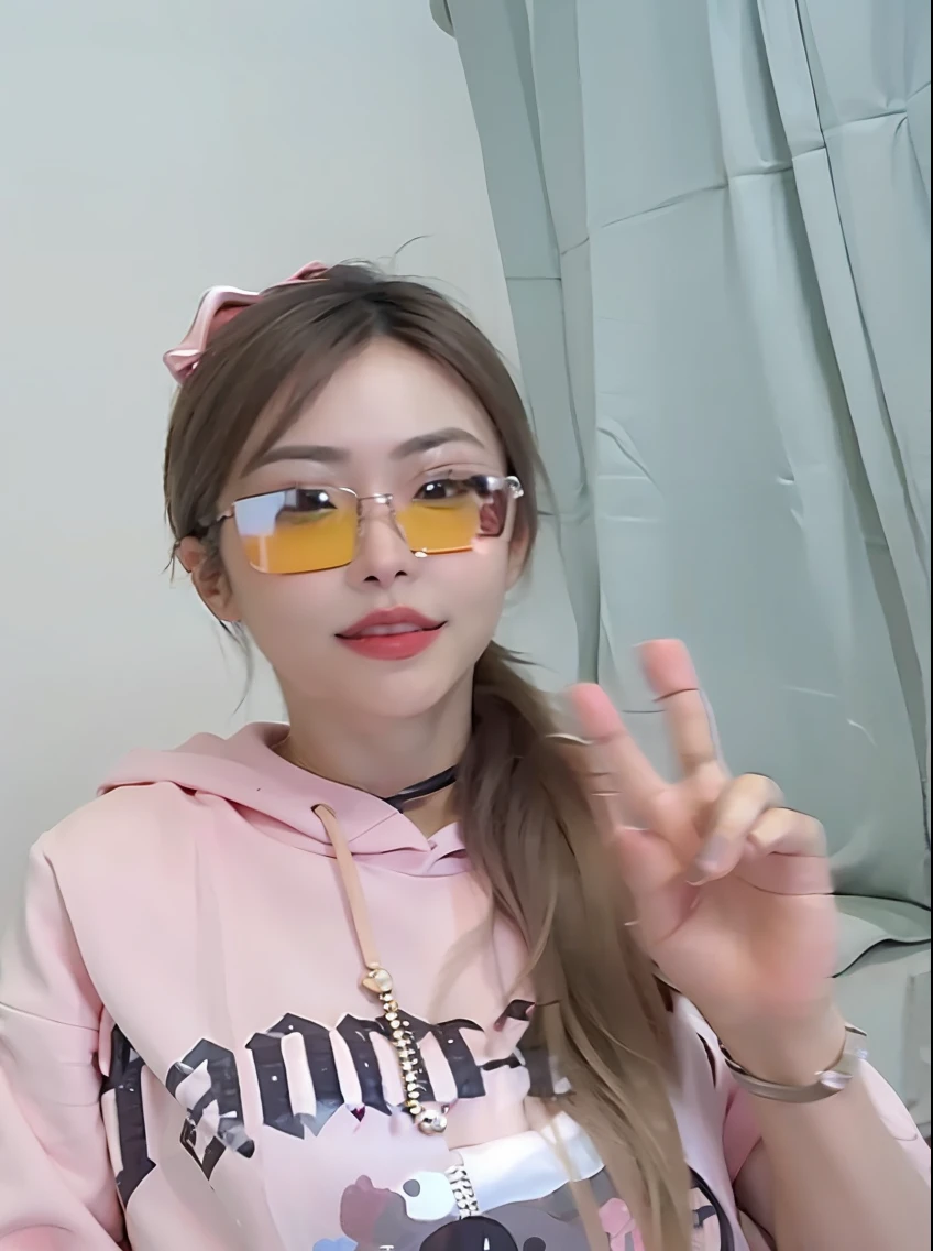 araffe girl in a pink hoodie and sunglasses making a peace sign, tiktok video, Ruan cute vtuber, low quality video, dang my linh, wearing small round glasses, young and cute girl, wearing thin large round glasses, new song, girl wearing round glasses, trending on tiktok, with round face, very beautiful cute catgirl