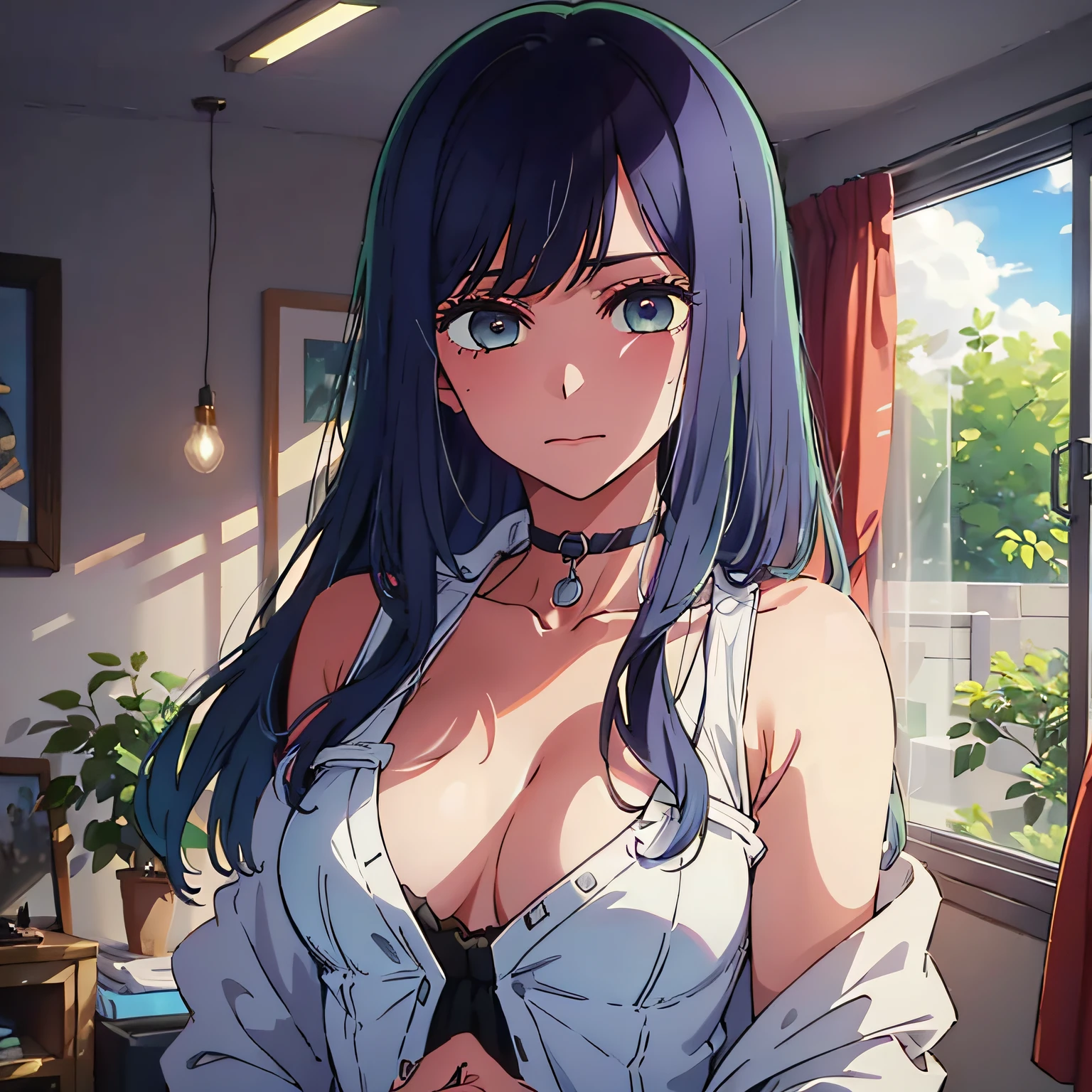 A high resolution，HighestQuali，illustratio，ultra detali，（Detailed face），（Detailed eyes），cinmatic lighting，best quailty，ultra detali，tmasterpiece，Fine lines，1girl，独奏，purple color  hair，Purple eye，White coat，Pink shirt，jewelry，choker necklace，gloweyes，mediuml breasts，llight rays，（a color），Upper body body，inside room，liveroom