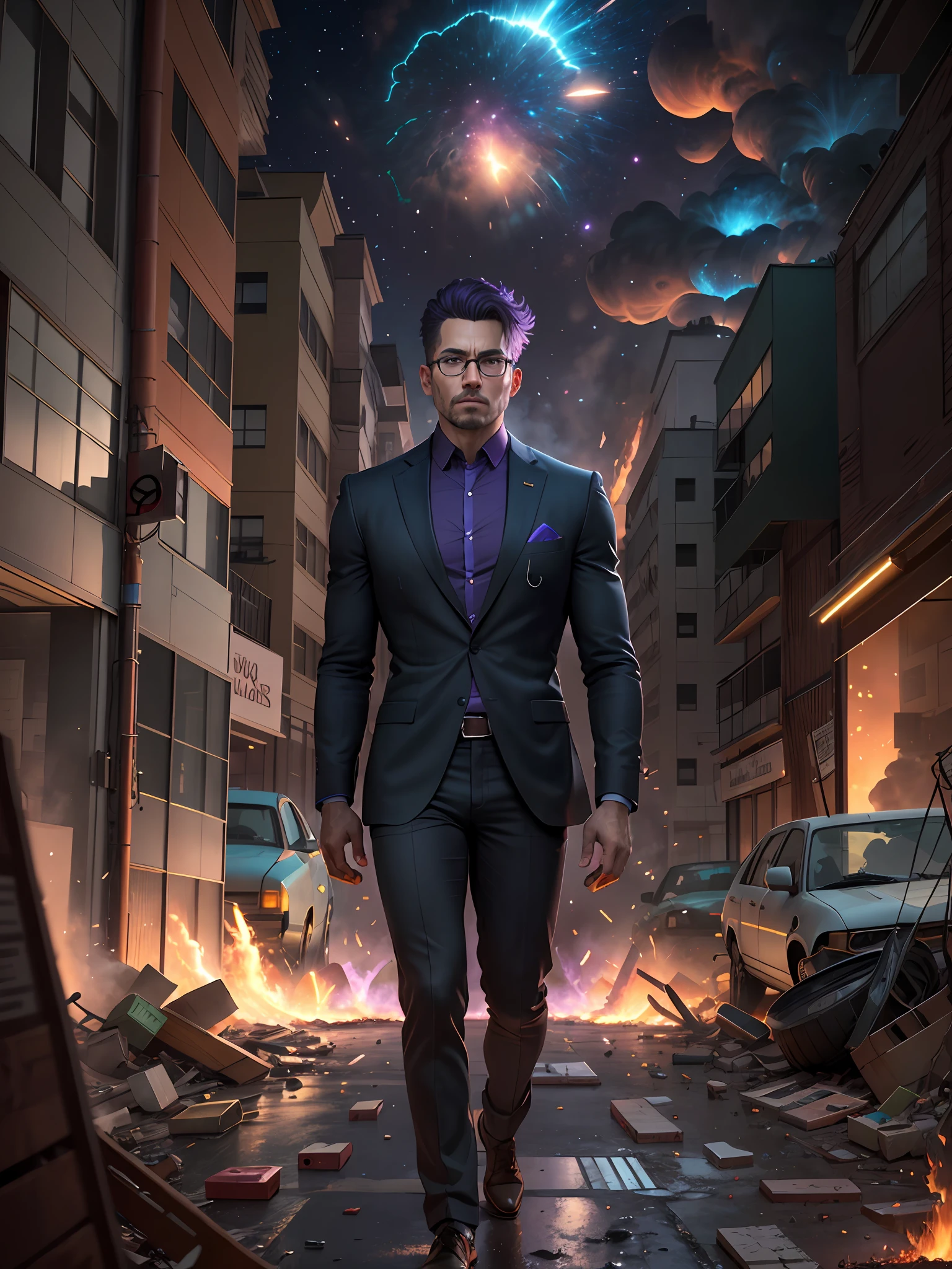 imagine an image of man walking calmly, in the street of ruined city, wearing smart suit, huge fires and dense smoke, detailed face, supernova at sky, night time, scene is full of explosions, some destroyed cars and explosing cars, scattered glasses and broken pieces, perplexed and scary environment, violet colour overwhelmed, at the movement of surprise and breathtaking, hyper realistic, detailed hands, ultra detailed, unreal engine, octane render, UHD, 8k resolution, masterpiece, front view, detailed face and fingers, man walking in ruined city