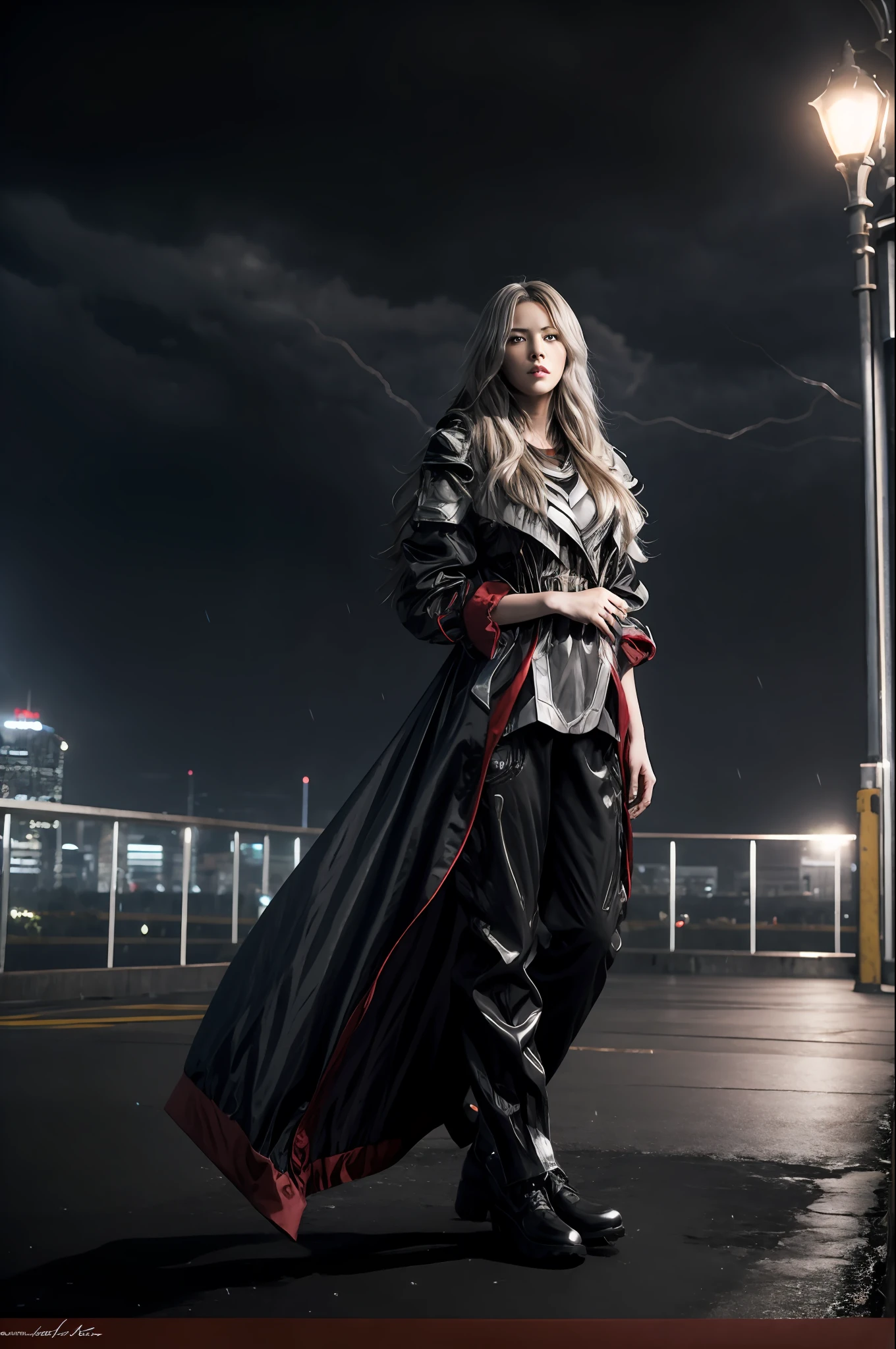 1 japanese girl, WARFRAME, intricate pattern, heavy metal, energy lines, faceless, glowing eyes, long silver hair, wind blown hair, elegant, intense, blood red and black uniform, solo, modern, city, streets, dark clouds, thunderstorm, heavy rain,
dramatic lighting,
(masterpiece:1.2), best quality, high resolution, beautiful detailed, extremely detailed, perfect lighting,