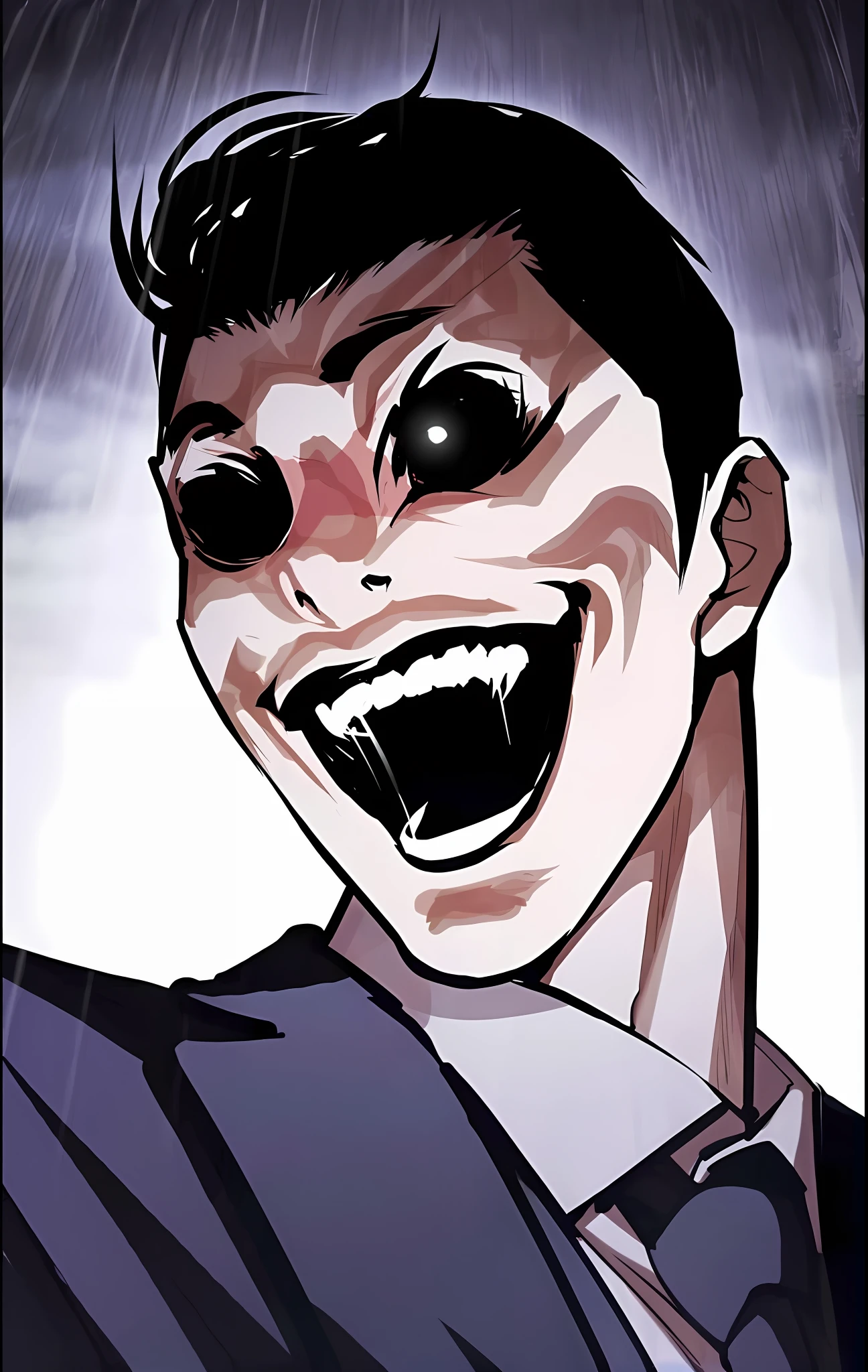 'Stable Diffusion model,Villain character characteristics:largeeyes,wickedly smile,Uneasy crazy smile,Sinister smile,Splendid evil face,scream, Vivid depictions and specific means of expression,Show the cunning of the villain、Cruelty and evil。Gloomy rainy day,Man in a suit