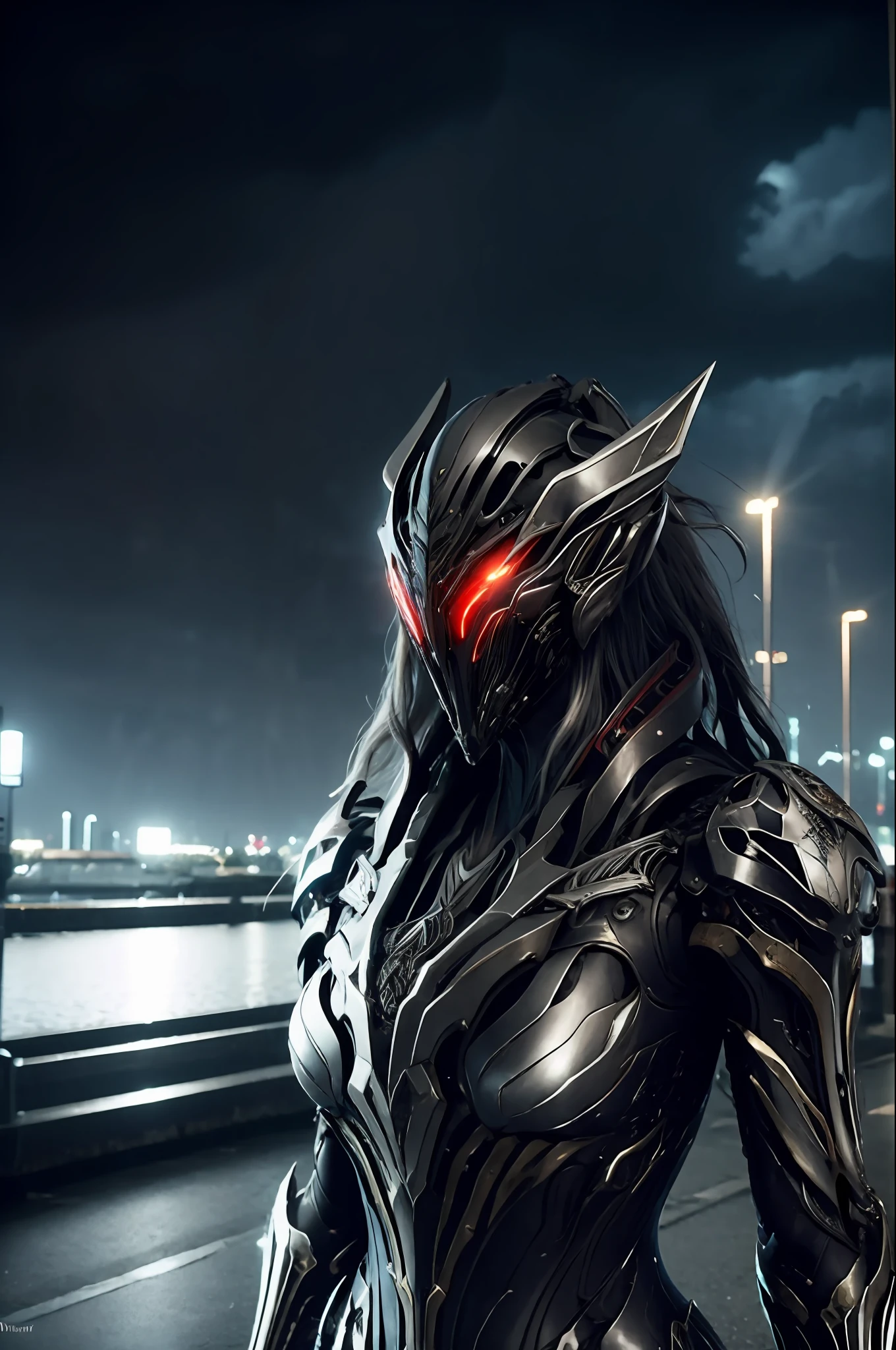 1 japanese girl, WARFRAME, intricate pattern, heavy metal, energy lines, faceless, glowing eyes, long silver hair, wind blown hair, elegant, intense, blood red and black uniform, solo, modern, city, streets, dark clouds, thunderstorm, heavy rain,
dramatic lighting,
(masterpiece:1.2), best quality, high resolution, beautiful detailed, extremely detailed, perfect lighting,
