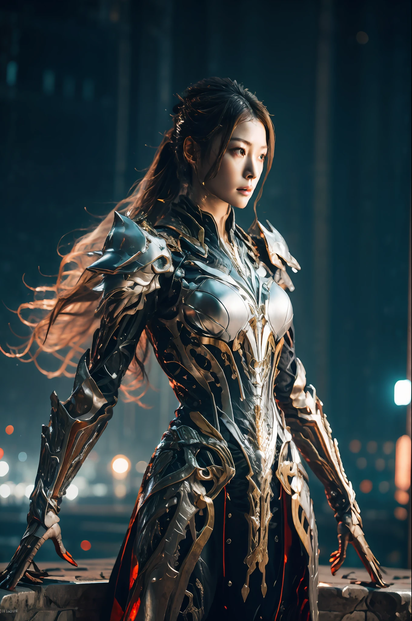 1 japanese girl, WARFRAME, intricate pattern, heavy metal, energy lines, faceless, glowing eyes, long silver hair, wind blown hair, elegant, intense, blood red and black uniform, solo, modern, city, streets, dark clouds, thunderstorm, heavy rain,
dramatic lighting,
(masterpiece:1.2), best quality, high resolution, beautiful detailed, extremely detailed, perfect lighting,