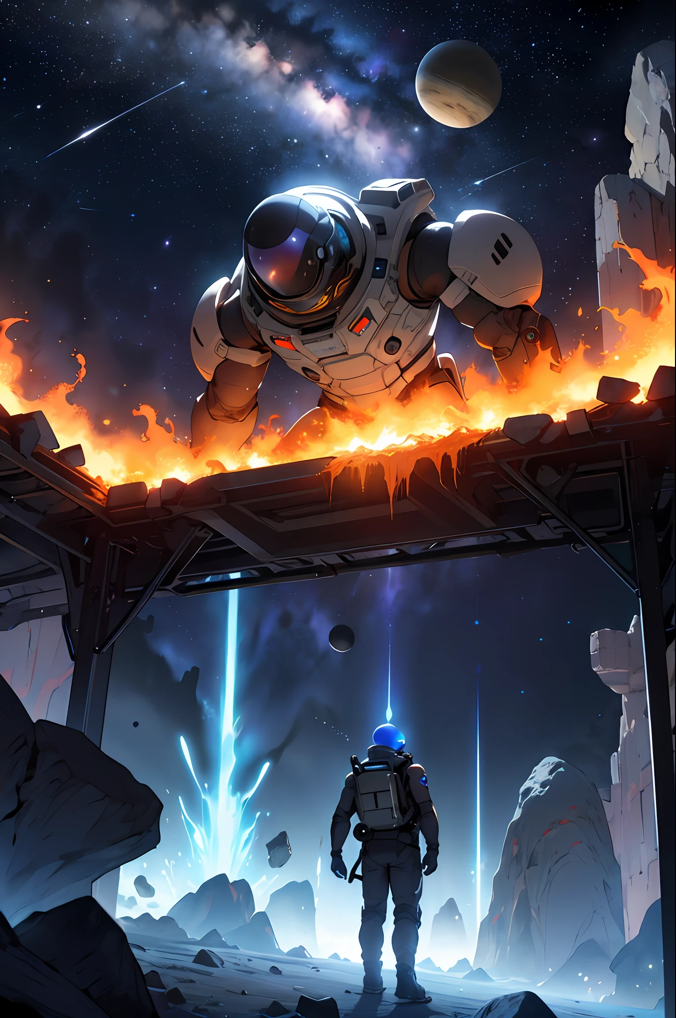 Draw a super mario sitting on a research platform in the middle of the asteroid belt. He studies with a notebook surrounded by several asteroids, glowing with fiery auras. Dramatic light from distant stars and planets illuminates the scene, casting deep shadows on the spacesuit. Super Mario looks confident and determined, looking at the vast and mysterious universe with wonder and respect, hair over face, Cowboy shot,
