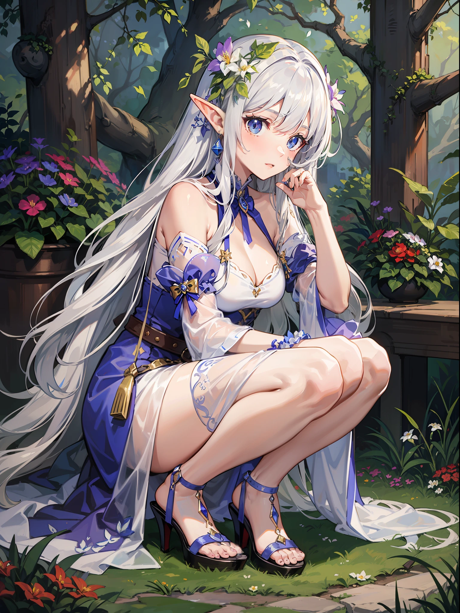 Elf Girl,Silver hair,length hair,shiny skins,A princess,aseprite,Extremely detailed CGunity8 wallpaper,tmasterpiece,(ultra detali),(illustratio),a color,(Flower hairpins,Flowers,gardener),flower face,grow,naturey,high-heeled,fullllbody,Complete clothes