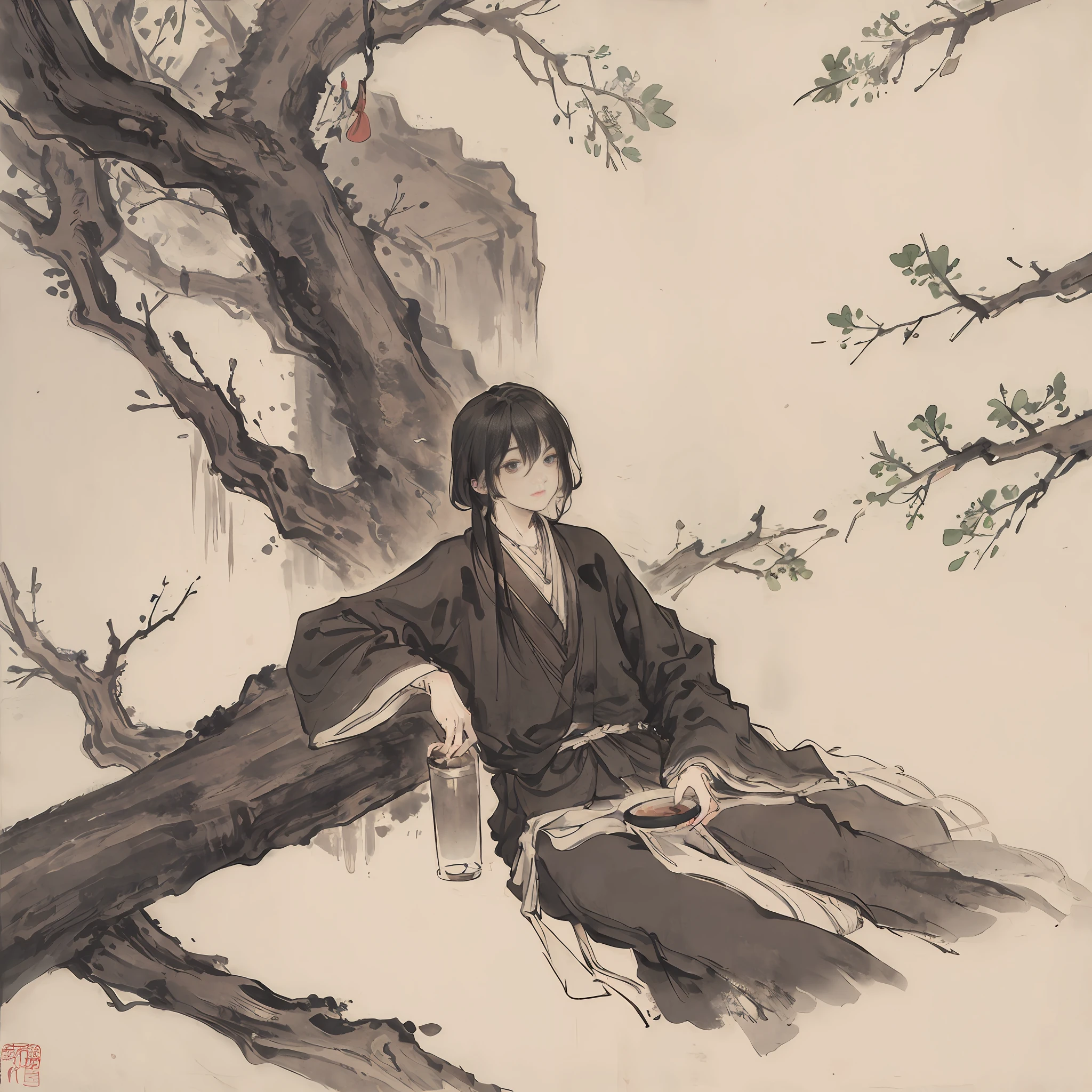 (Masterpiece, best quality: 1.2), traditional Chinese ink painting, large waterfalls between mountains, big rivers, grand, flying birds, an 18-year-old man in black Hanfu, a man with short hair wears black hanfu, sitting under a tree, sitting on green grass, masterpiece, handing a cup of tea