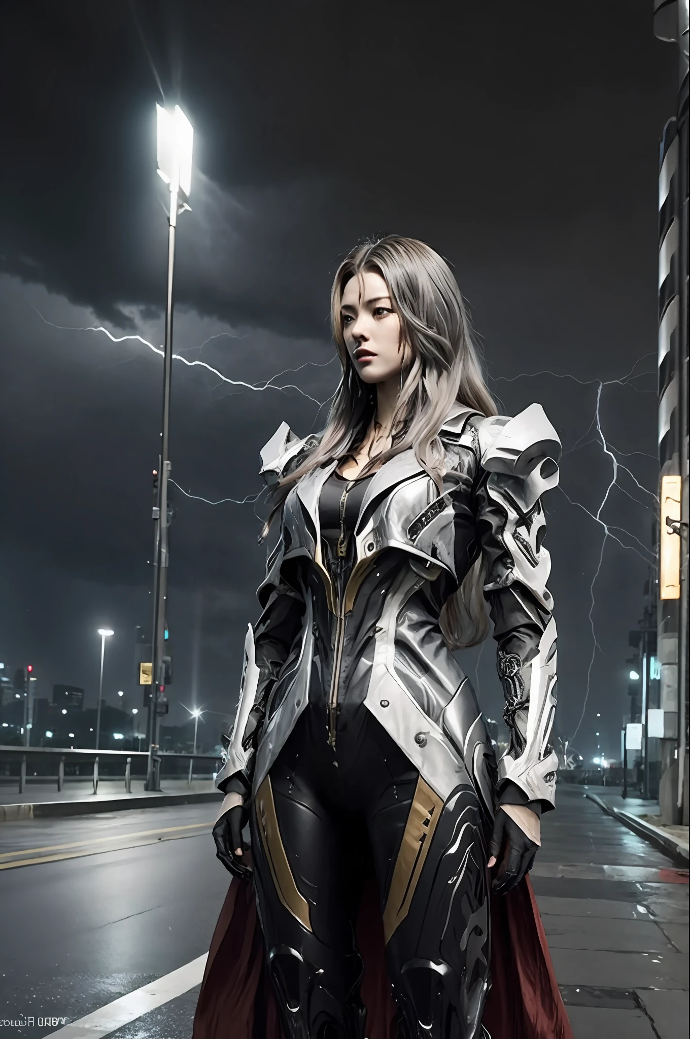 1 japanese girl, WARFRAME, intricate pattern, heavy metal, energy lines, faceless, glowing eyes, long silver hair, wind blown hair, elegant, intense, blood red and black uniform, solo, modern, city, streets, dark clouds, thunderstorm, heavy rain,
dramatic lighting,
(masterpiece:1.2), best quality, high resolution, beautiful detailed, extremely detailed, perfect lighting,