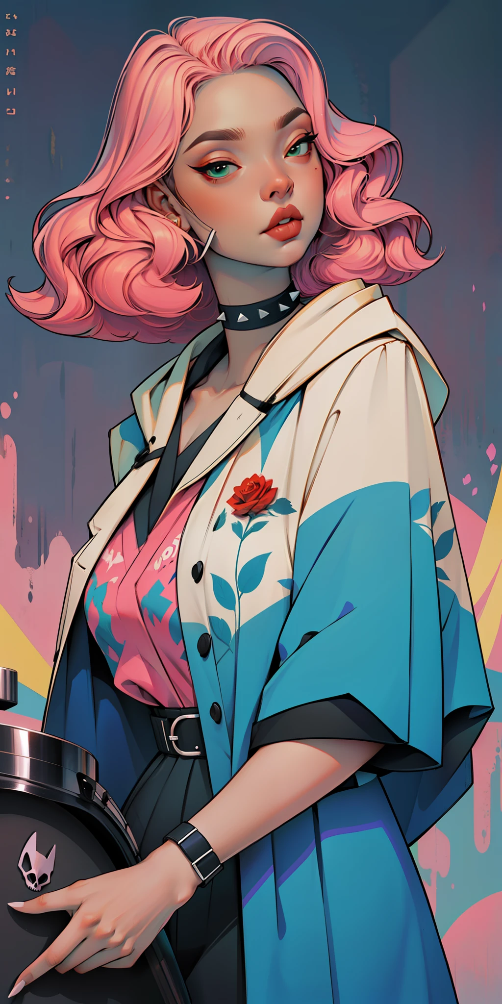 Background, In chic boho style, in a cafe, Ice cream print, multi-colored neon lights, neon garlands, rose hair, mixed-language_SMS, Japanese, (beautiful and clear background:1.2),, fantastic paintings ,graffit style, highly detail eyes , underwear, lace, latex, Pink, Purple, mint, Blue, Yellow, belve, lavender hair, Skull Print, body piercings, Loving, Love, ultra detail hair, Masterpiece, Best Quality, highly quality, hight resolution, detail enhancement, ((most beautiful image in the world)), Masterpiece, Best Quality, highly quality, hight resolution, detail enhancement, ((most beautiful image ), Shiny pink degrade hair, Ultra Short Fitted Stampa, art by stjepan sejic, art by j scott campbell, Artist Guillem March, art by citemer liu, 4k, hight resolution, comic book character, comic, high quality detailed, style of ::2.0 comix illustration style,tatoon style, highly quality, hight resolution, detail enhancement, 8K, HD, Best Quality, highly quality, hight resolution, detail enhancement, 8K, HDR, sharp-focus, Ultra Detailed, perfect lighting, Curvy Body, Lush breasts, Curvy hips, skull print on clothes, rock, rock star, Cool,black leather raincoat, style of, spikes, Punk Rock, Wolf, Cat's ears, Cool bracelets, Choker, calavera, gotik, Skinny, (((Plays drums))) Drums, drams drummer