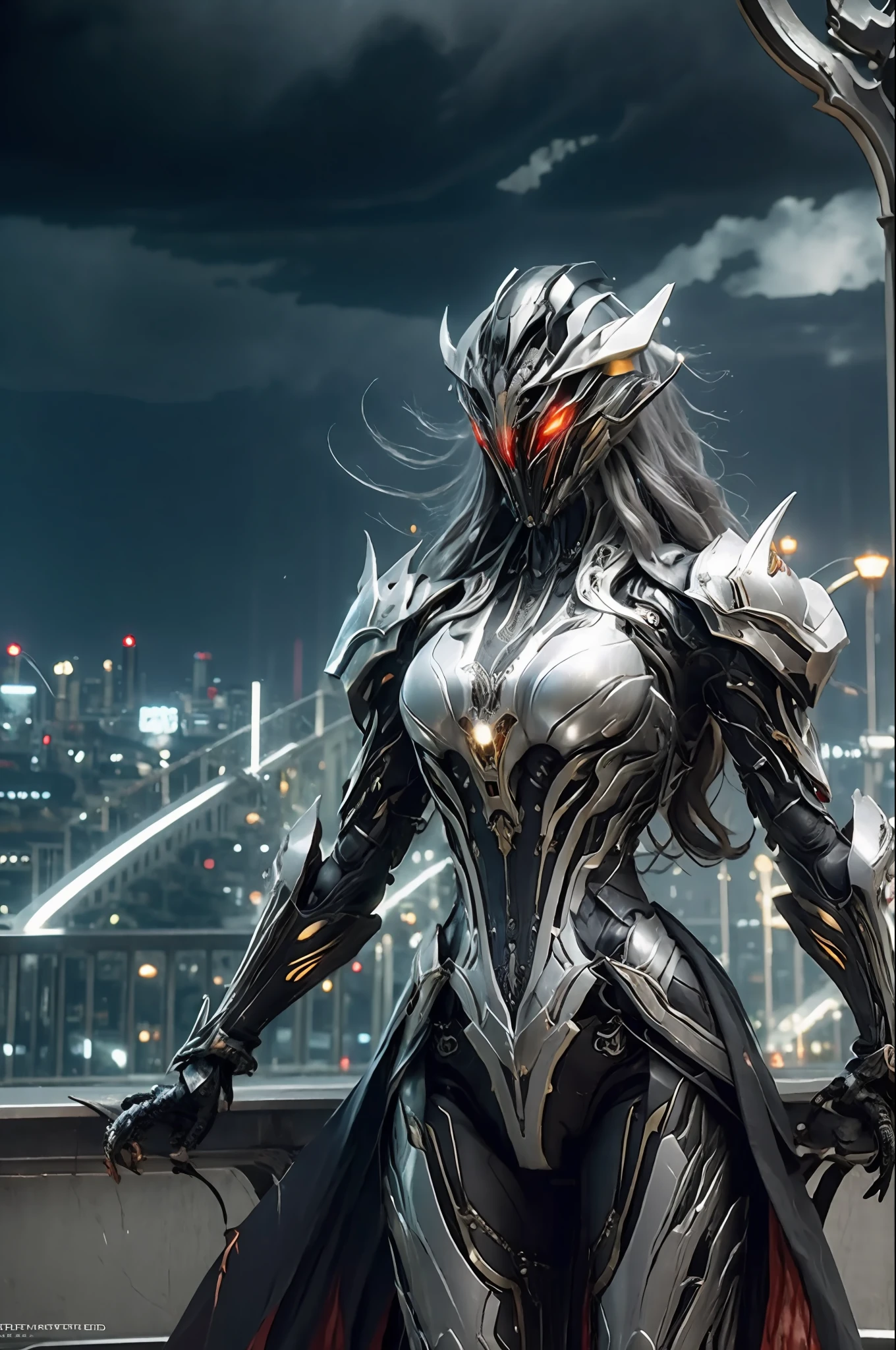 1 japanese girl, WARFRAME, intricate pattern, heavy metal, energy lines, faceless, glowing eyes, long silver hair, wind blown hair, elegant, intense, blood red and black uniform, solo, modern, city, streets, dark clouds, thunderstorm, heavy rain,
dramatic lighting,
(masterpiece:1.2), best quality, high resolution, beautiful detailed, extremely detailed, perfect lighting,