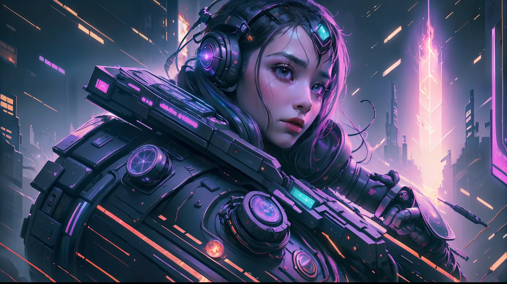 (masterpiece, best quality, highres, absurdres, detailed:1.2), humanoid, robot, wearing headphones, looking away, (cyberpunk, art canvas, paint brush, easel, iridescent, holographic: 1.6), (cables, wires, flames, fire, smoke, overheat, explosion, indoors, room, simple background)